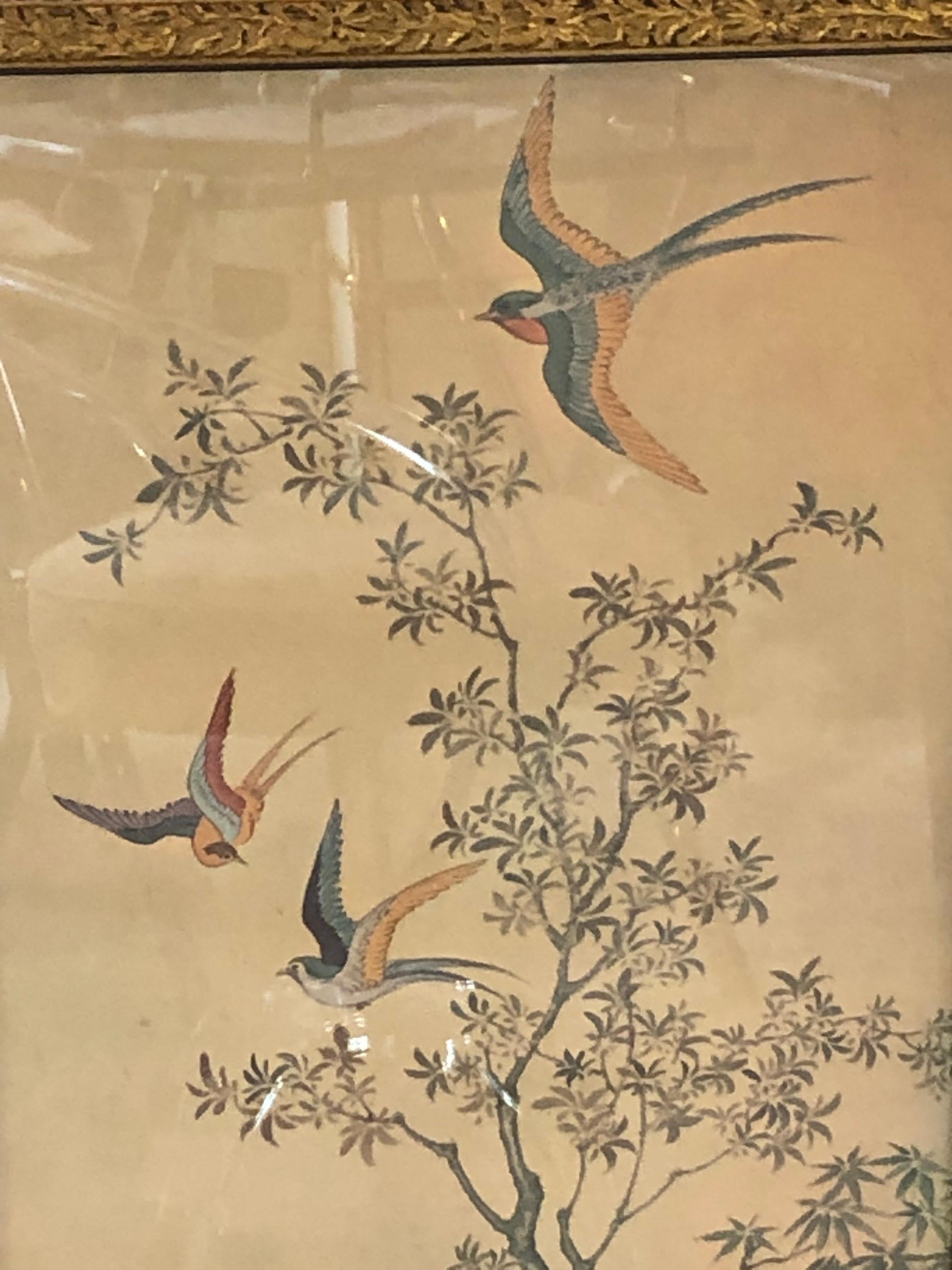 Mid-20th Century Pair of Tall Rectangular Asian Style Prints with Birds and Foliage For Sale