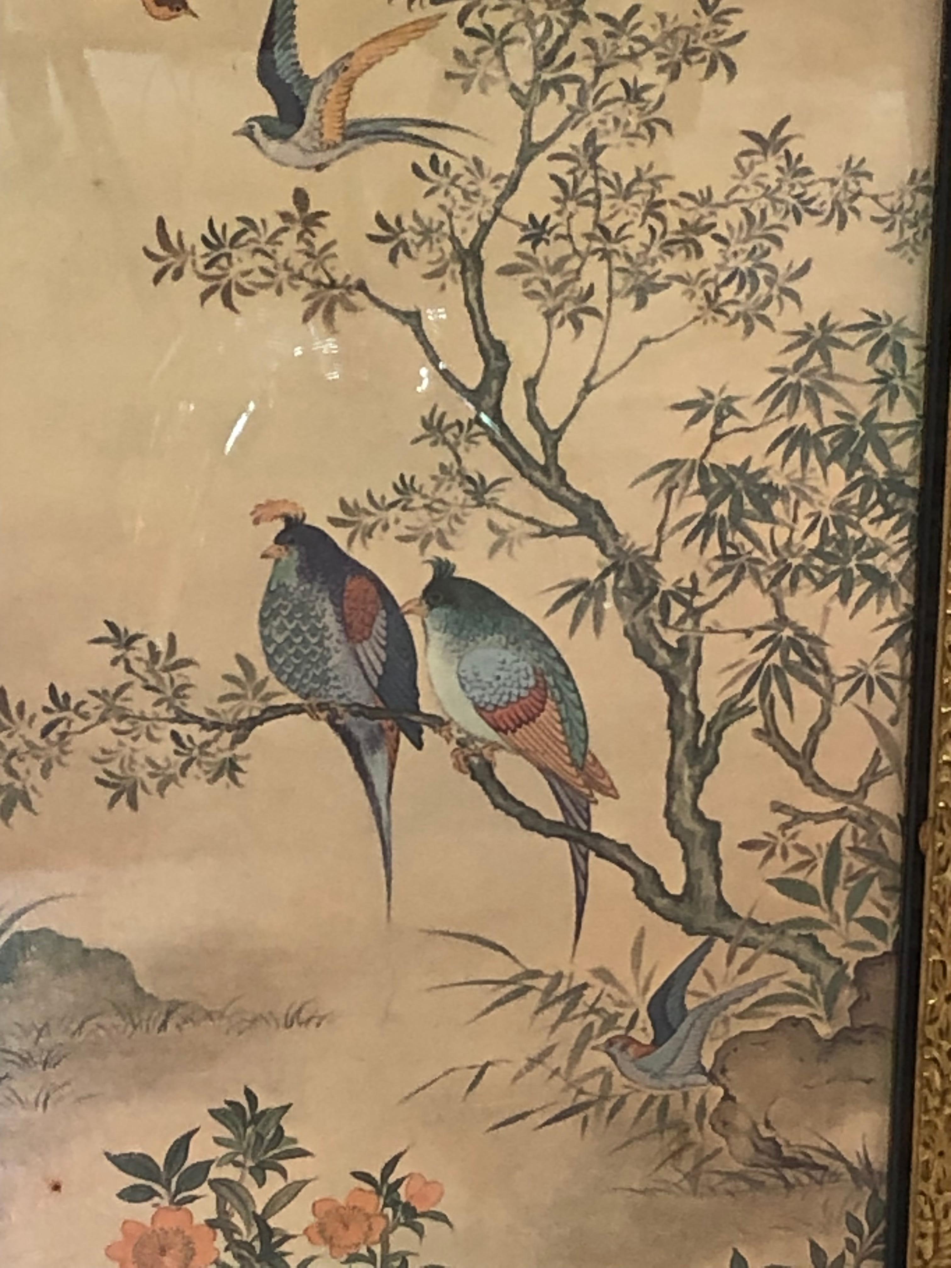 Giltwood Pair of Tall Rectangular Asian Style Prints with Birds and Foliage For Sale