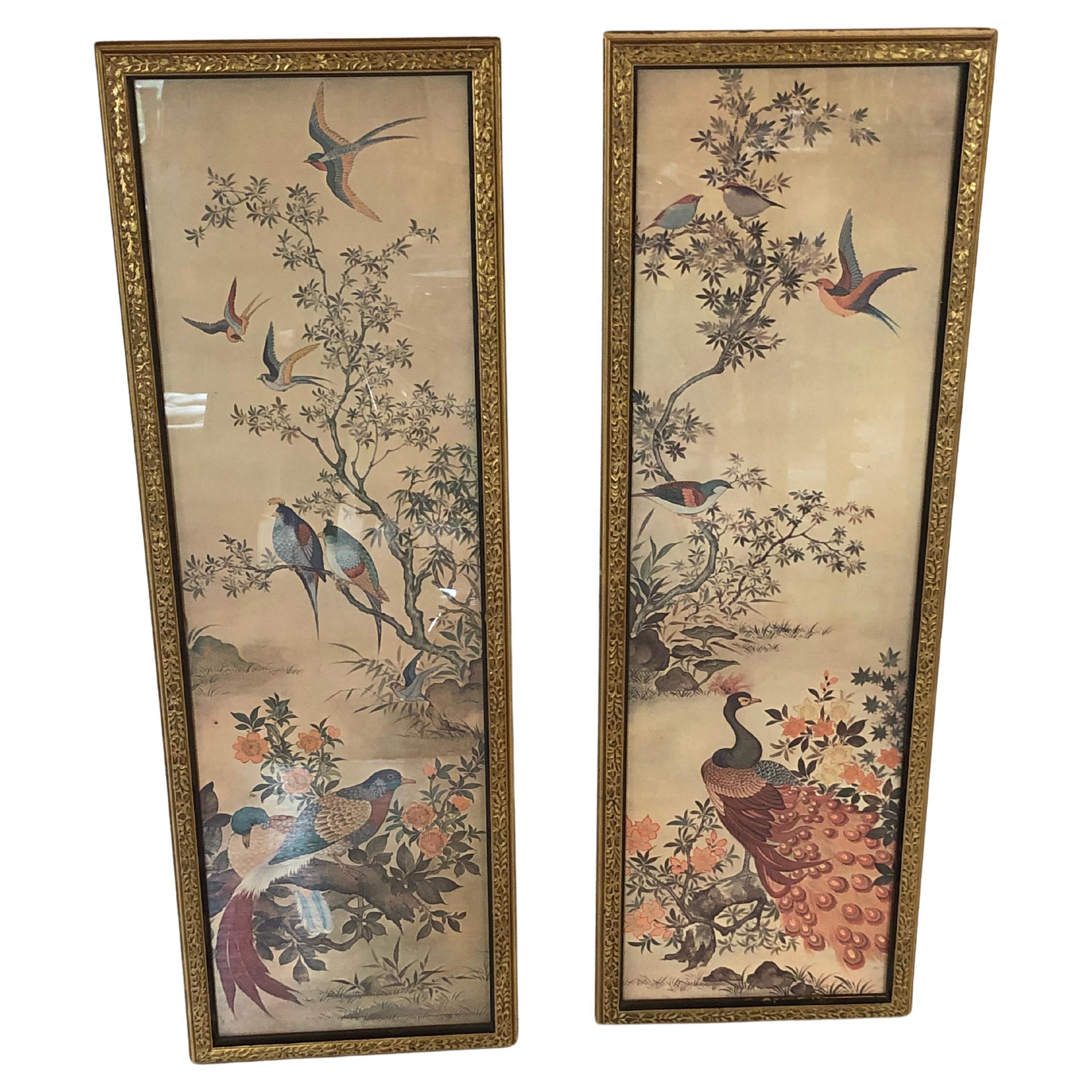 Pair of Tall Rectangular Asian Style Prints with Birds and Foliage For Sale