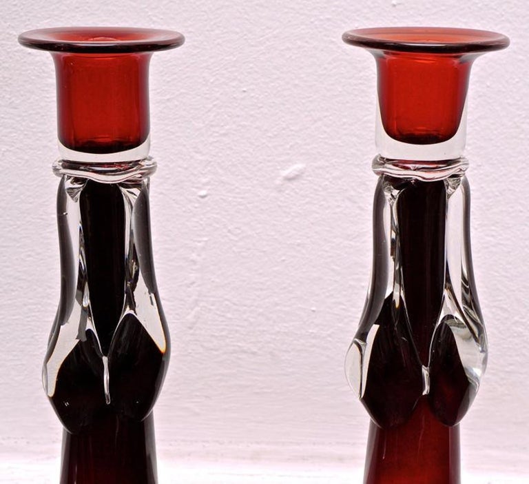 Pair of Tall Red and Clear Art Glass Candlesticks For Sale at 1stDibs