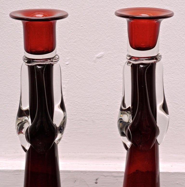 Pair of Tall Red and Clear Art Glass Candlesticks For Sale at 1stDibs