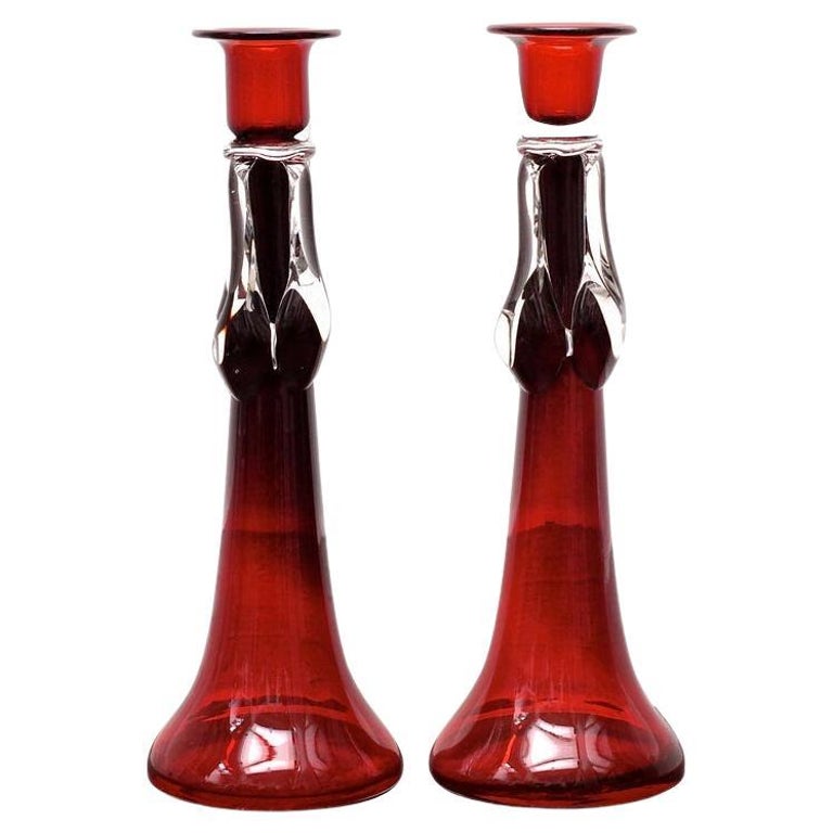 Pair of Tall Red and Clear Art Glass Candlesticks For Sale at 1stDibs