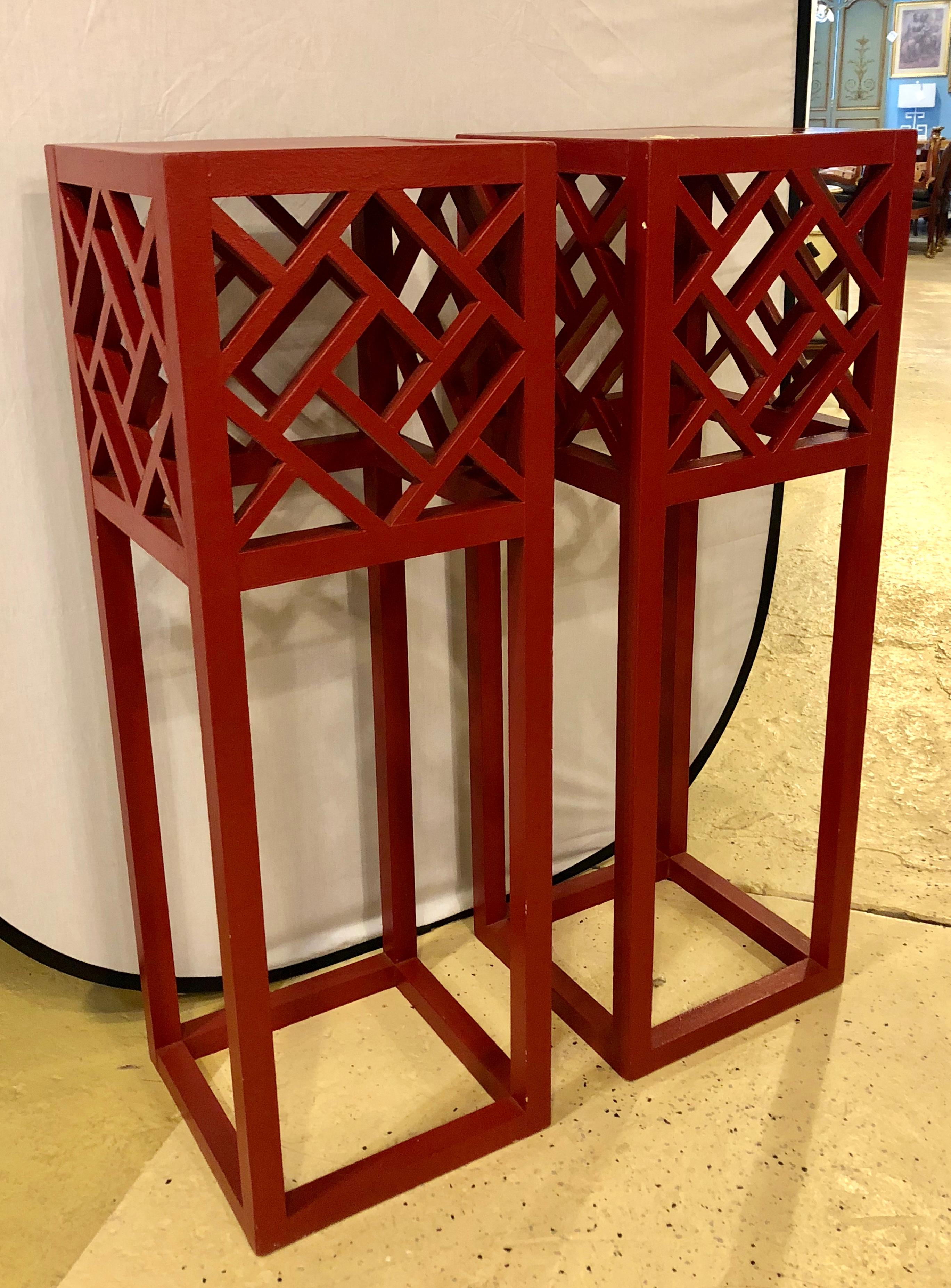 Hollywood Regency Pair of Tall Red Painted Asian Inspired Standing Pedestals