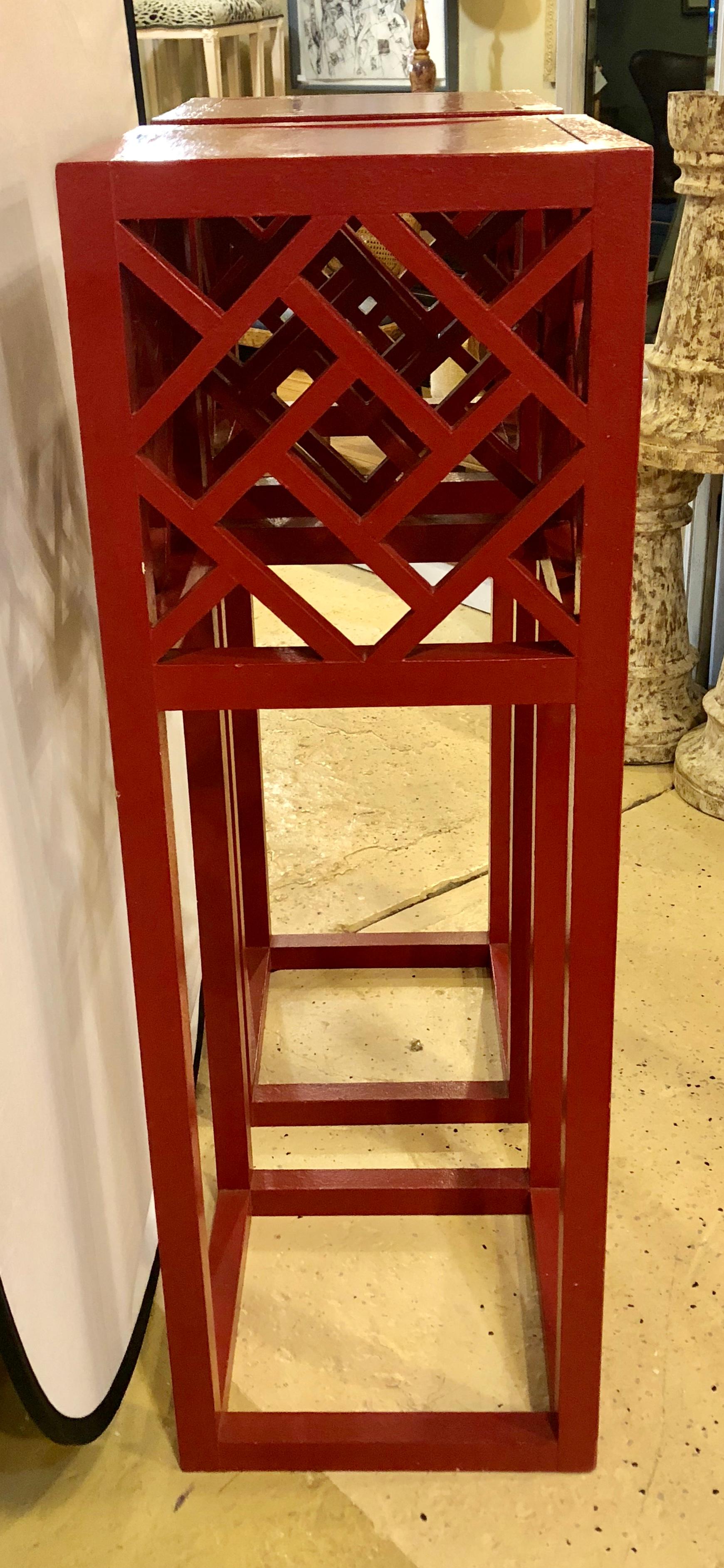 Pair of Tall Red Painted Asian Inspired Standing Pedestals In Good Condition In Stamford, CT