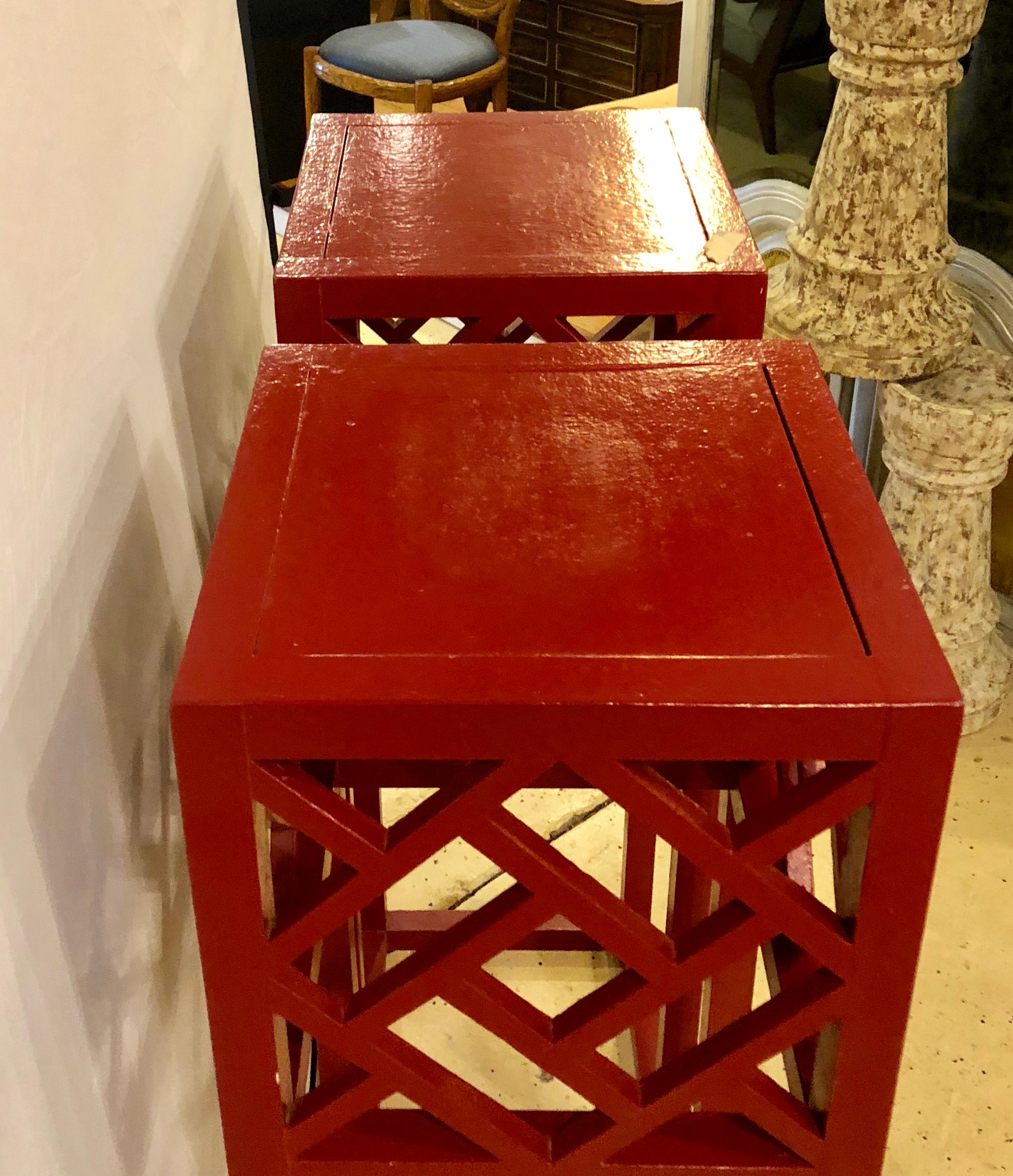 20th Century Pair of Tall Red Painted Asian Inspired Standing Pedestals
