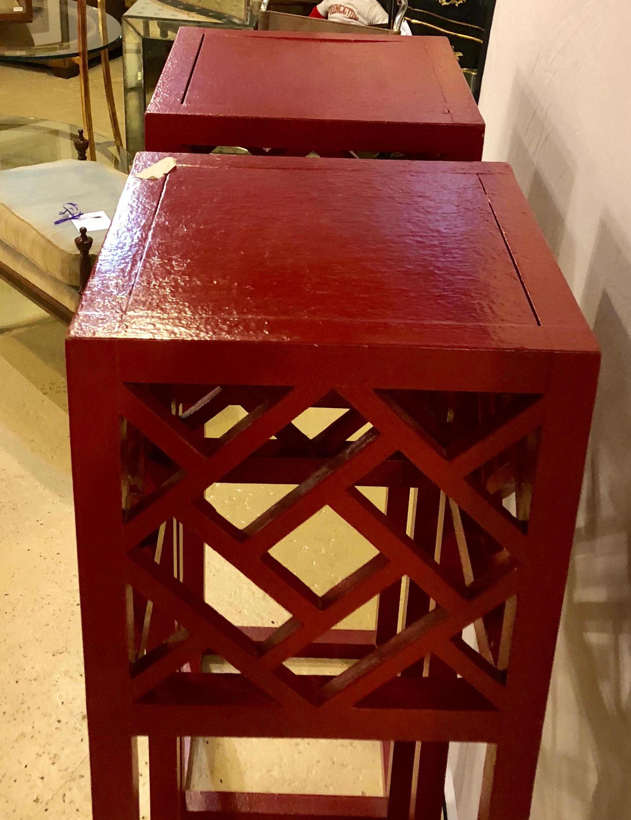 Pair of Tall Red Painted Asian Inspired Standing Pedestals 1