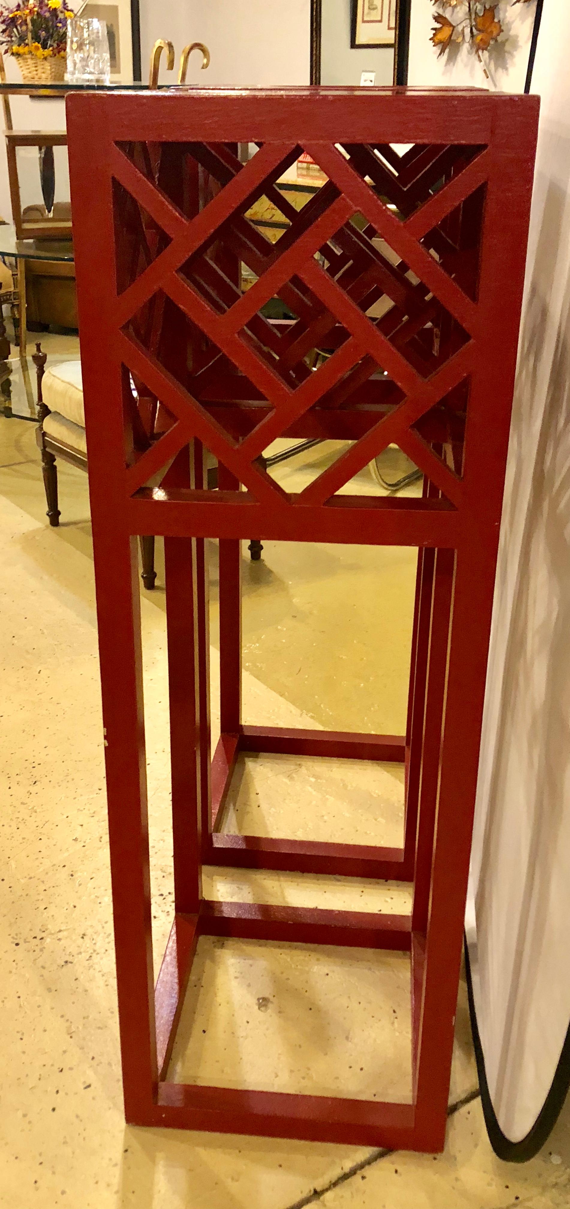 Pair of Tall Red Painted Asian Inspired Standing Pedestals 2