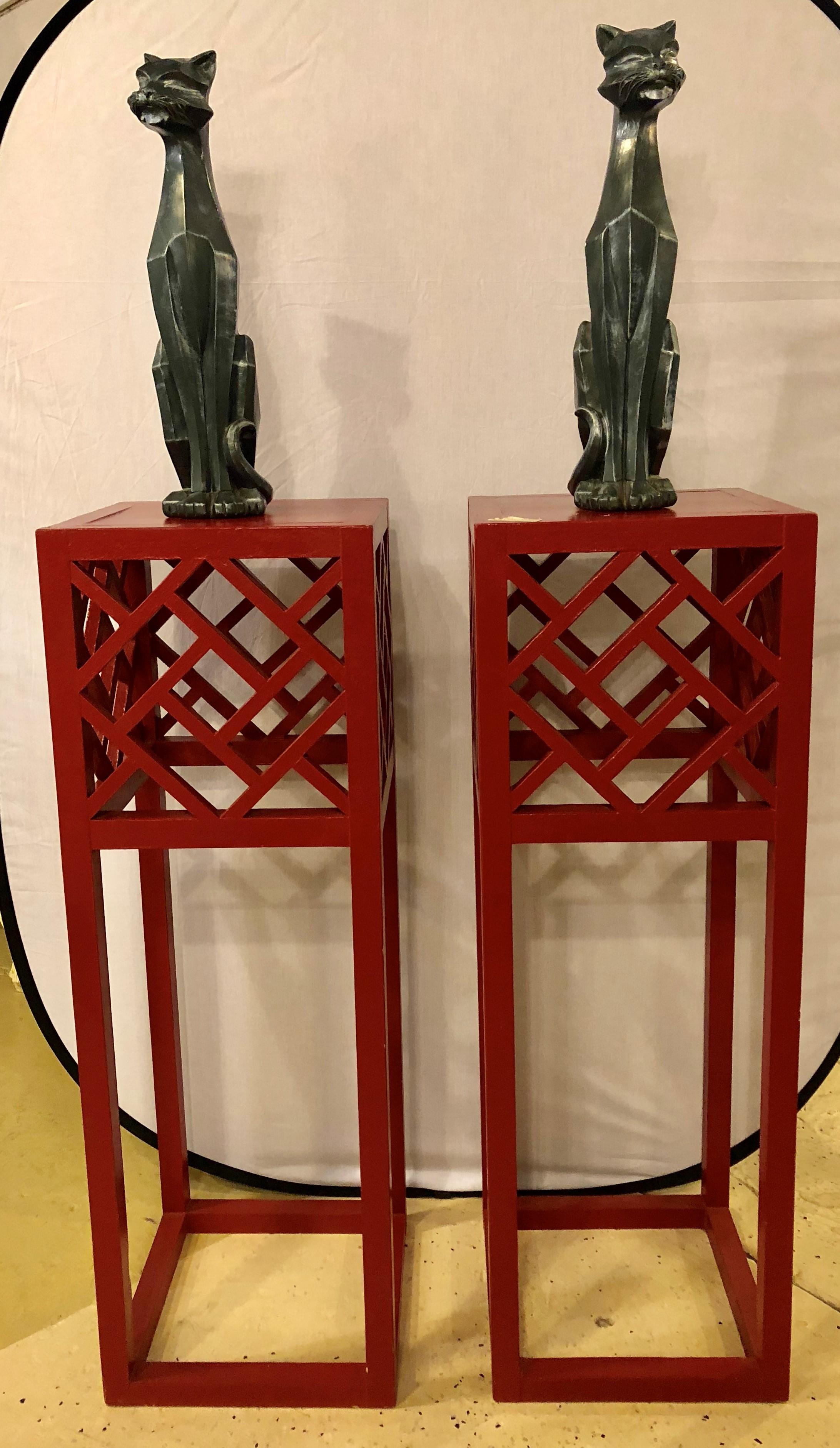 Pair of Tall Red Painted Asian Inspired Standing Pedestals 3