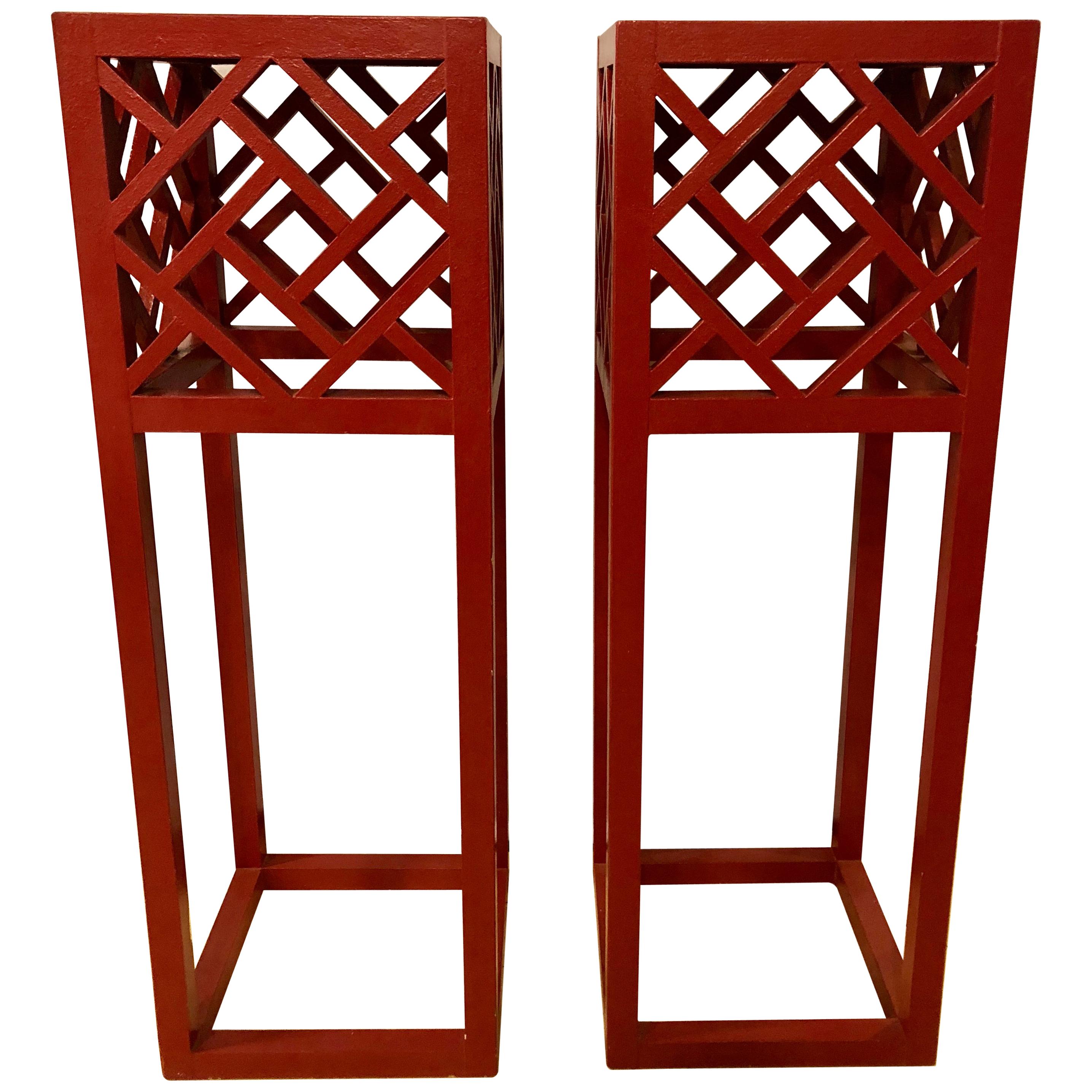 Pair of Tall Red Painted Asian Inspired Standing Pedestals