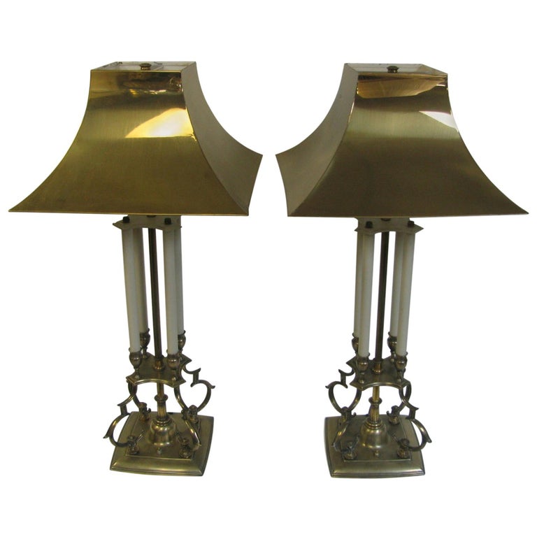 Pair of Tall Regency Style Brass Candelabra Table Lamps Brass Shades