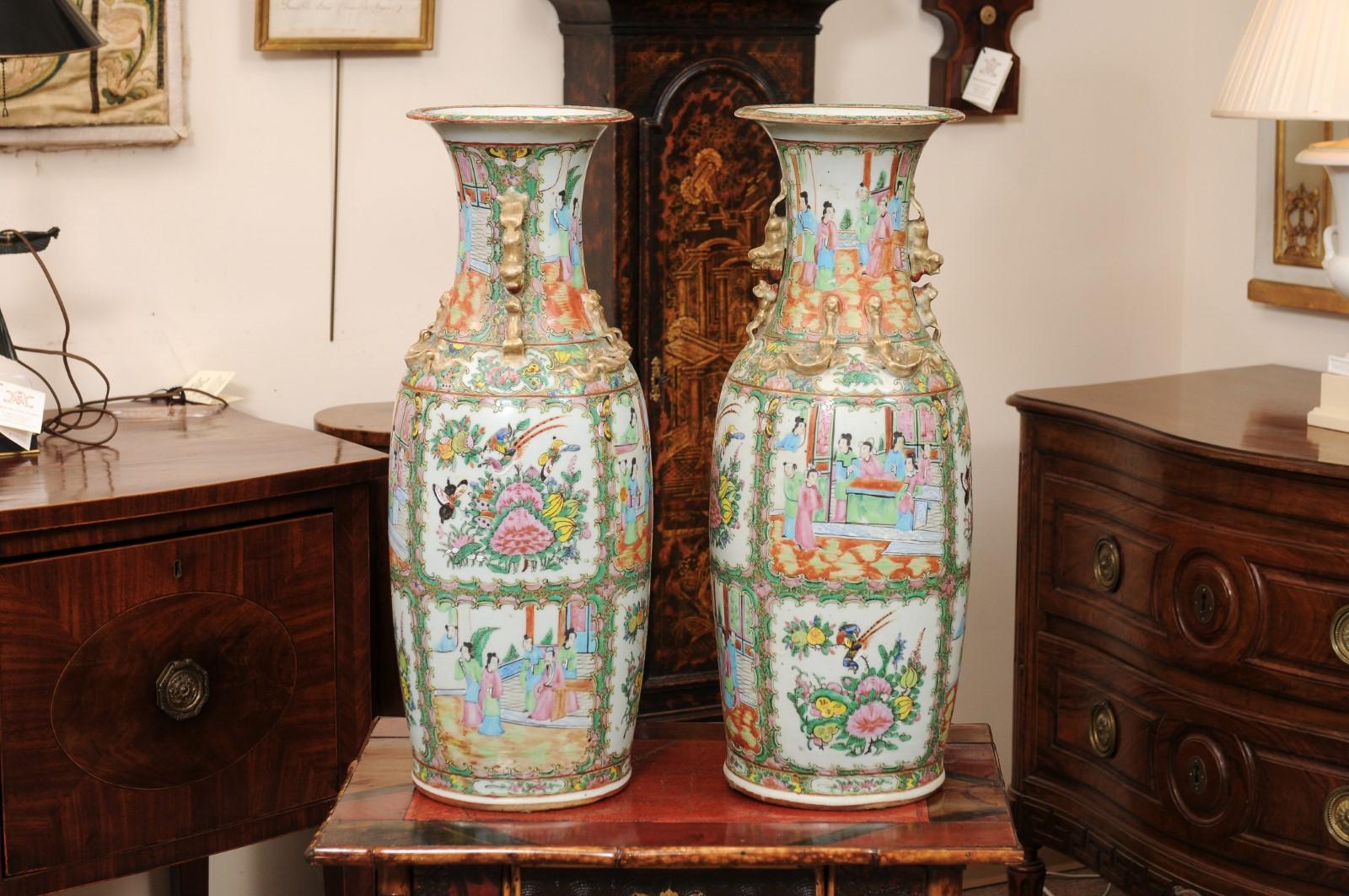 Pair of Tall Rose Medallion Porcelain Vases, Late 19th Century 8