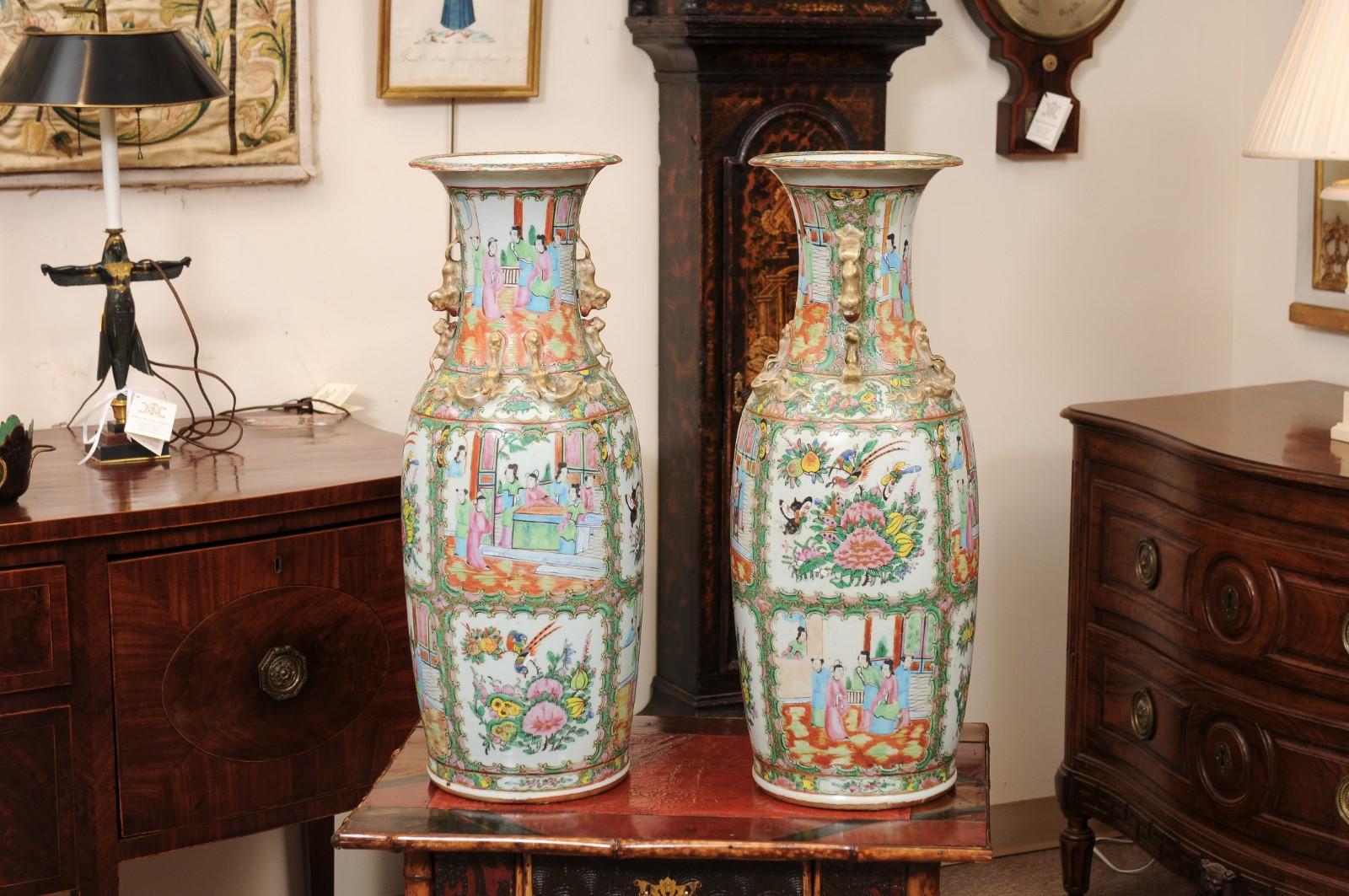 Pair of Tall Rose Medallion Porcelain Vases, Late 19th Century 9