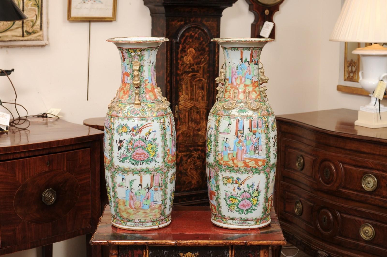 Pair of Tall Rose Medallion Porcelain Vases, Late 19th Century 5