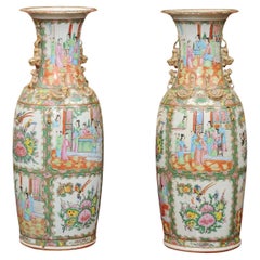 Pair of Tall Rose Medallion Porcelain Vases, Late 19th Century