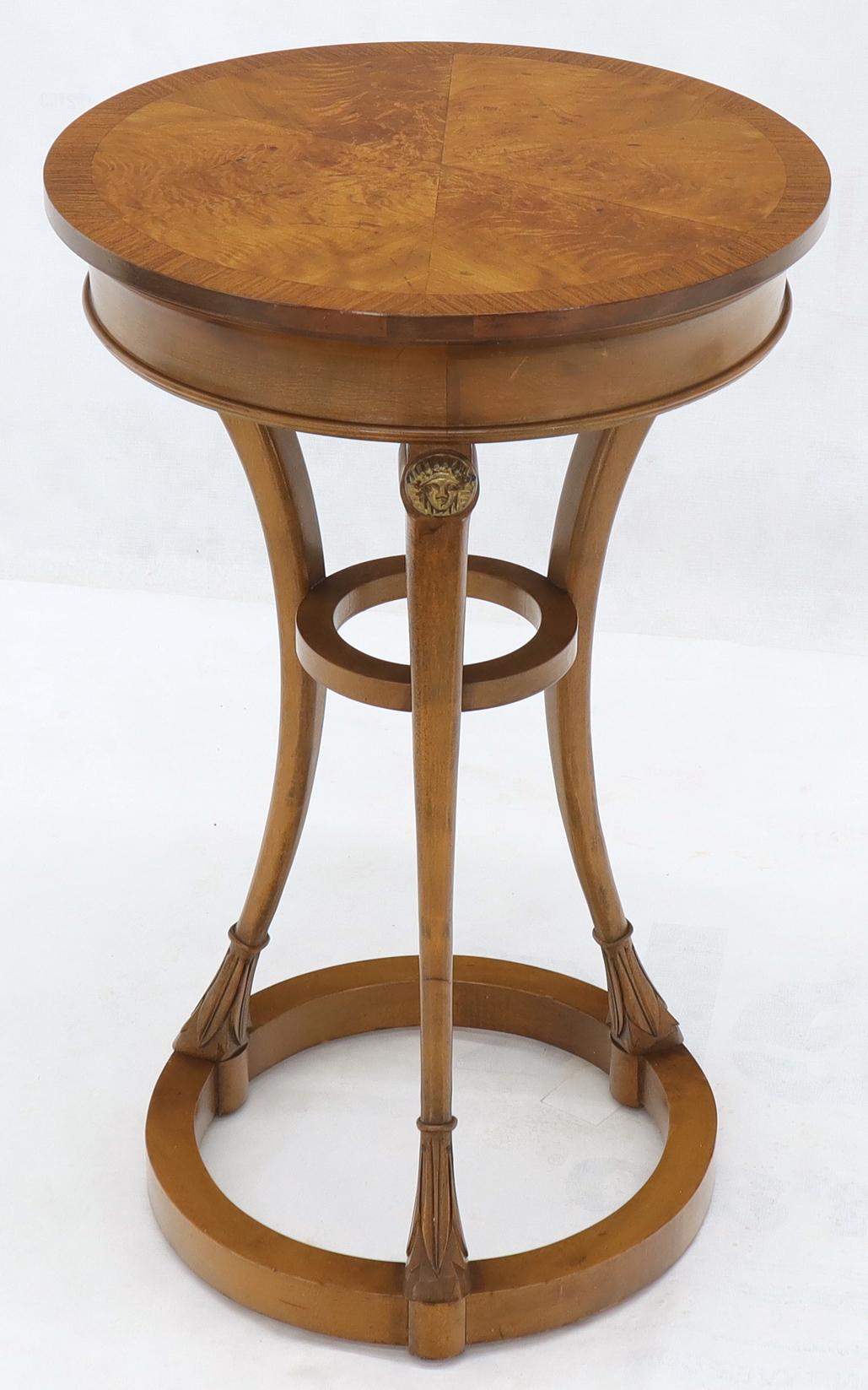 20th Century Pair of Tall Round Pedestal Shape Side End Tables on Tri Legged Bases Burl Wood For Sale