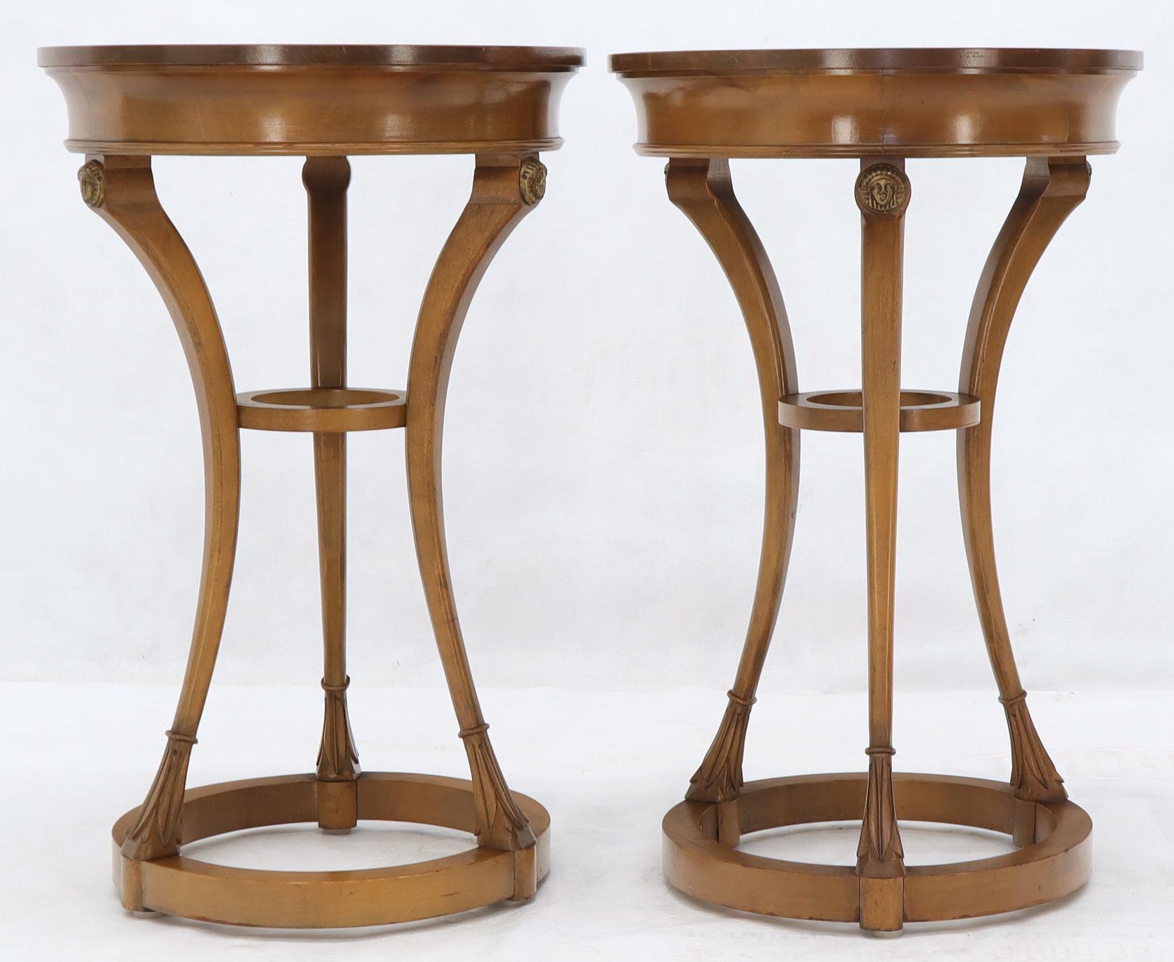 Pair of Tall Round Pedestal Shape Side End Tables on Tri Legged Bases Burl Wood For Sale 1