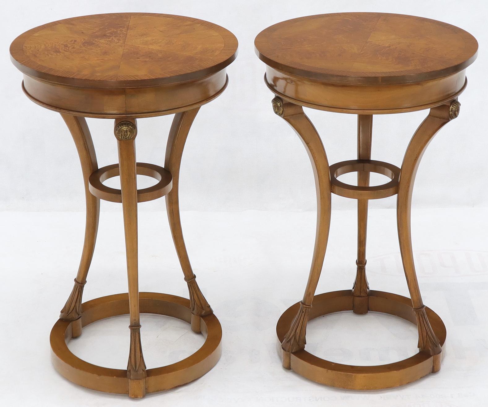 Pair of Tall Round Pedestal Shape Side End Tables on Tri Legged Bases Burl Wood For Sale 2