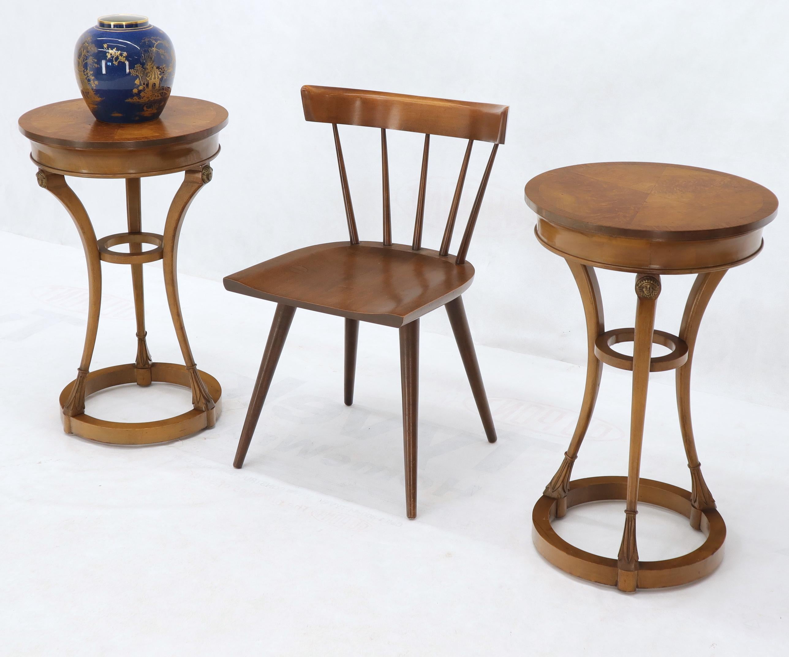 Round burl wood tops neoclassical guerdons pedestals shape tables. Baker quality.