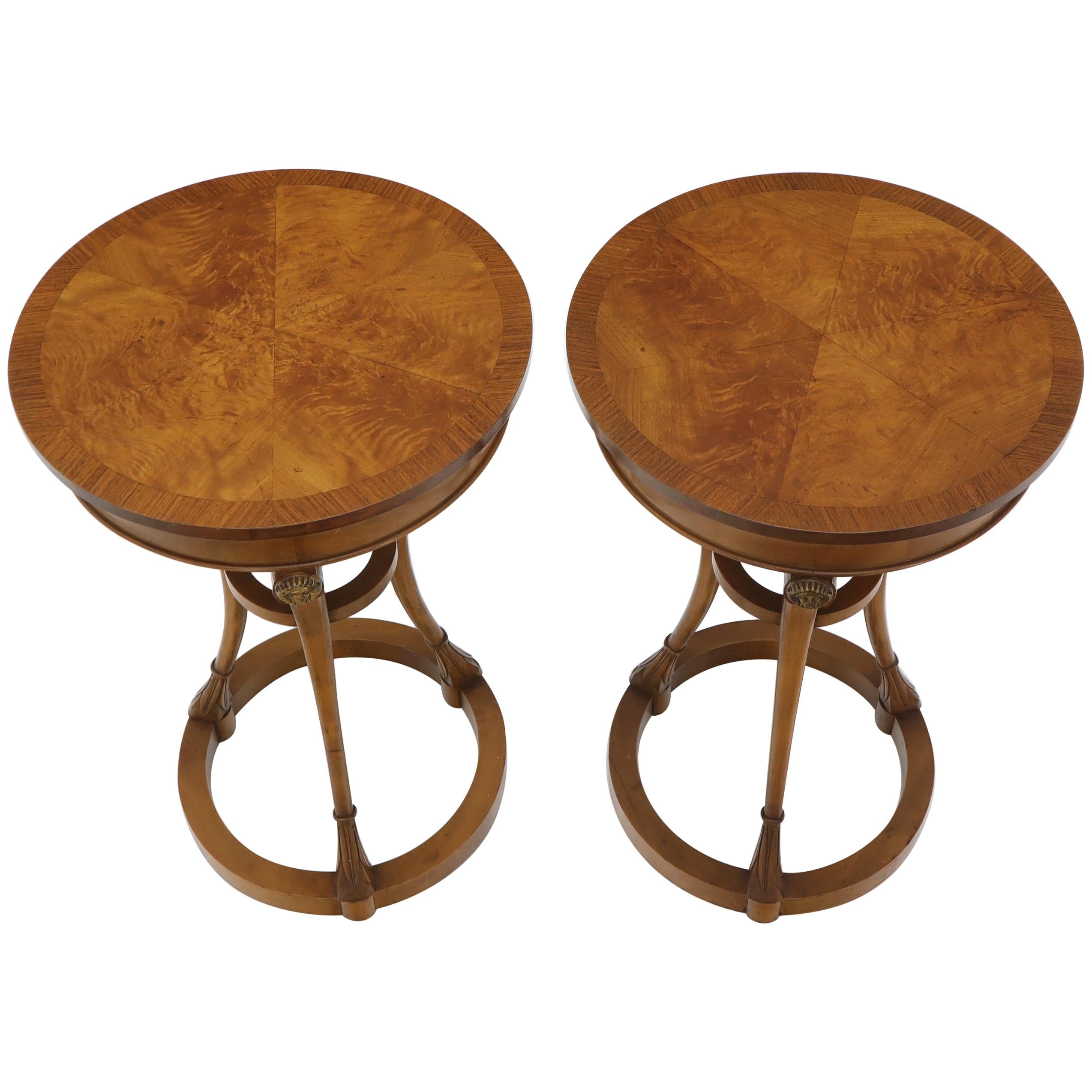 Pair of Tall Round Pedestal Shape Side End Tables on Tri Legged Bases Burl Wood For Sale