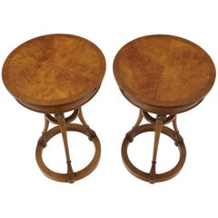 Vintage Pair of Tall Round Pedestal Shape Side End Tables on Tri Legged Bases Burl Wood