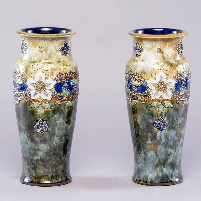 Pair of Tall Royal Doulton Art Nouveau Lambeth Vases by Winnie Bowstead at 1stDibs