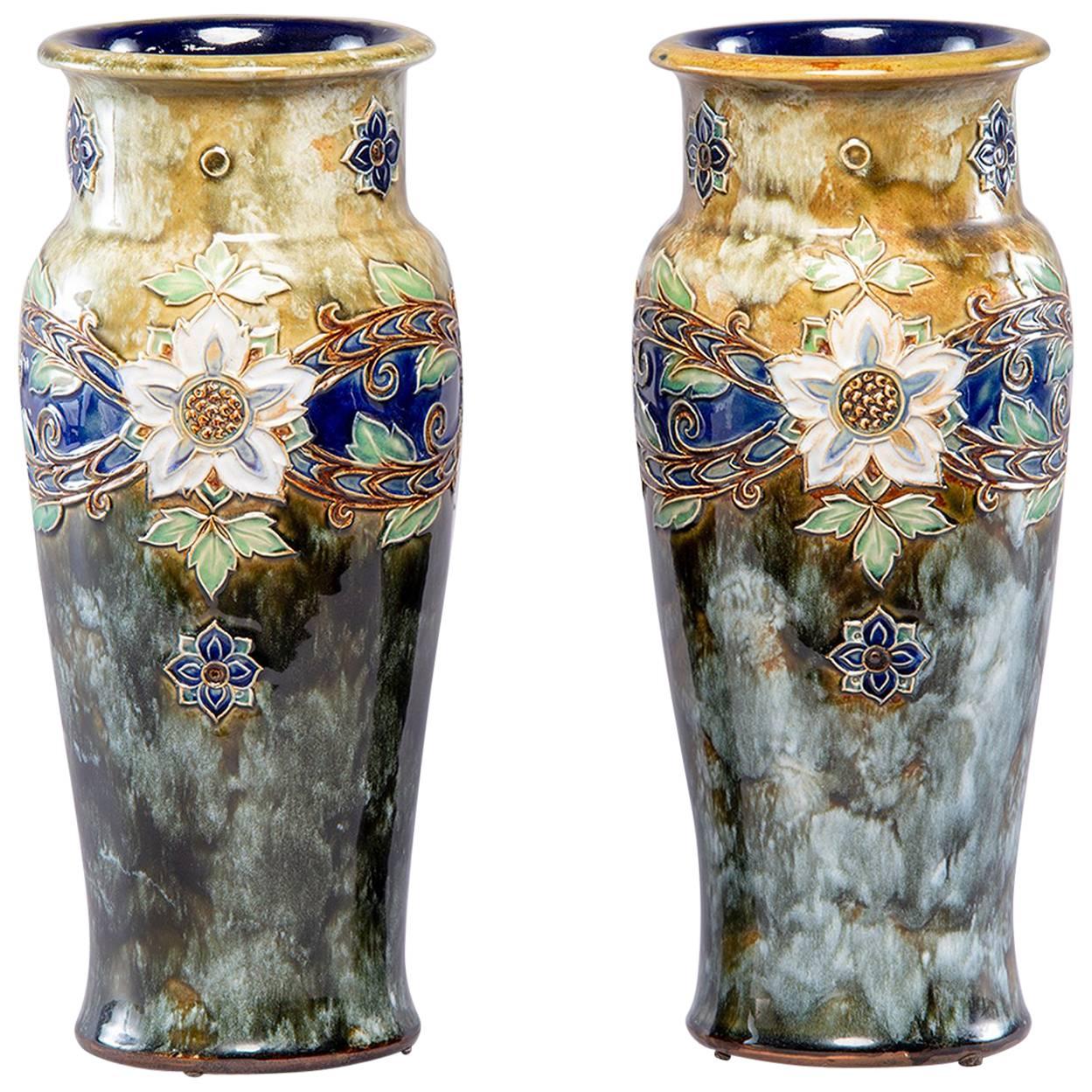 Pair of Tall Royal Doulton Art Nouveau Lambeth Vases by Winnie Bowstead