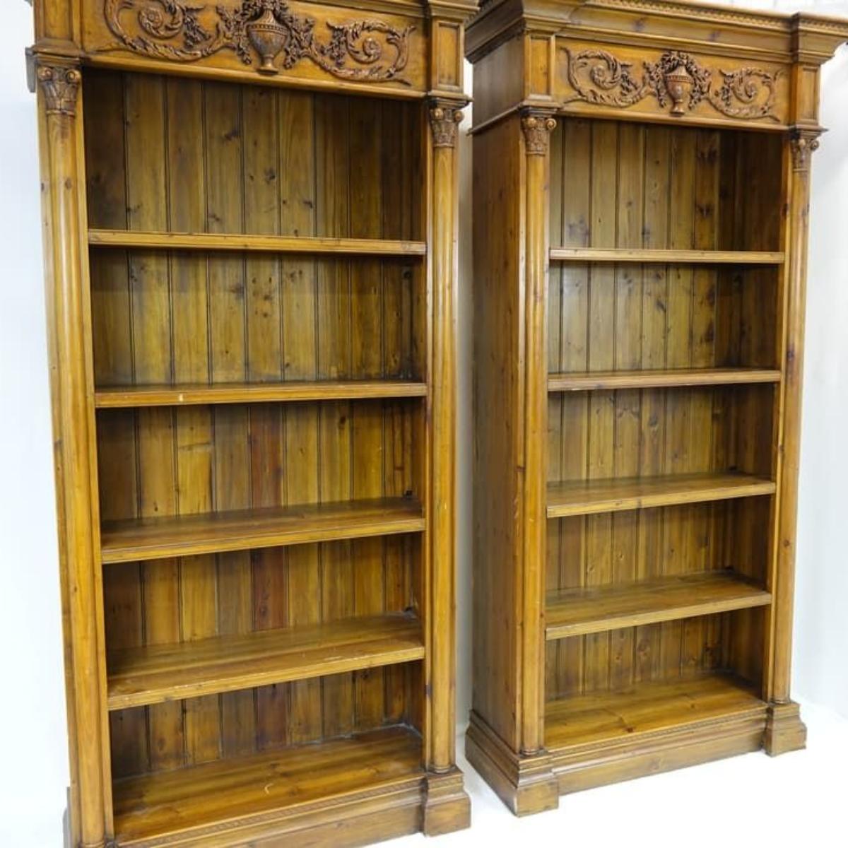 2 Amazing tall wood bookcases. They are a combination of rustic and fine woodwork. The details are beautiful. Second to none. Need at least 9' ceilings to use them. All The Touch-Ups Will Be Done Before Shipping Or Delivery(45.25