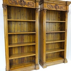 Pair of Tall Rustic Wood Carved Bookcases