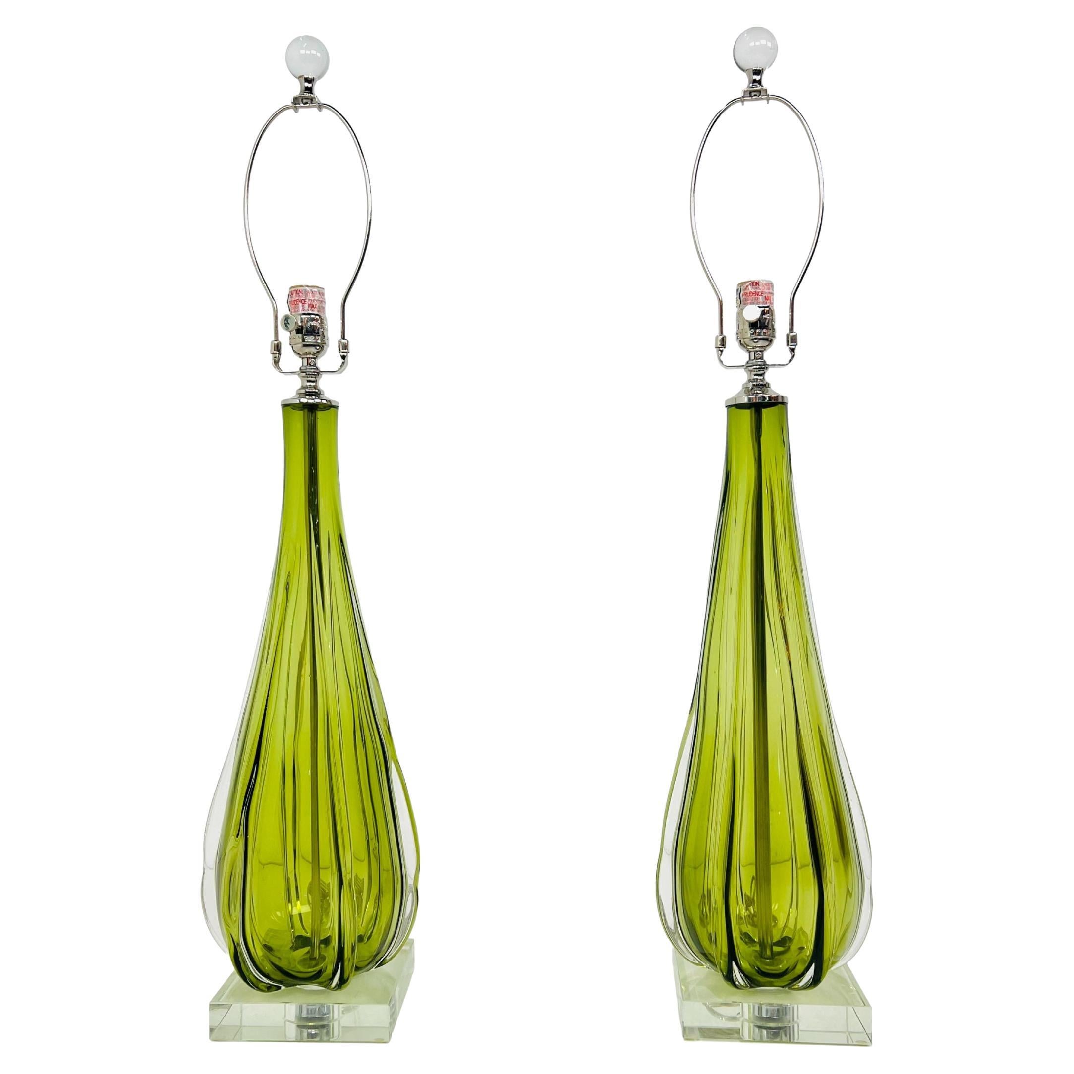 Pair of Tall Seguso Murano Sommerso Glass Table Lamps