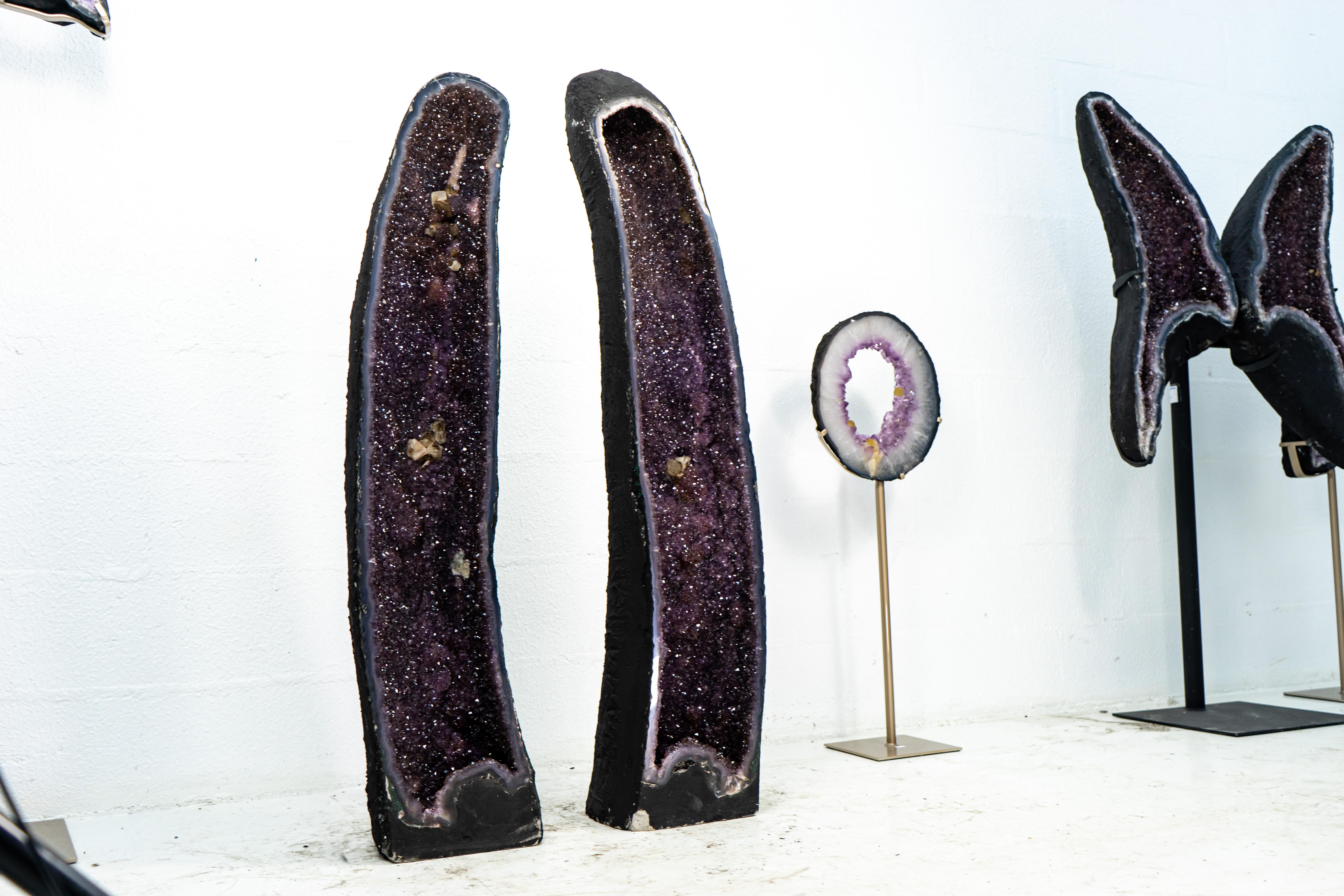 Contemporary Pair of Tall Shiny Amethyst Cathedral Geodes For Sale
