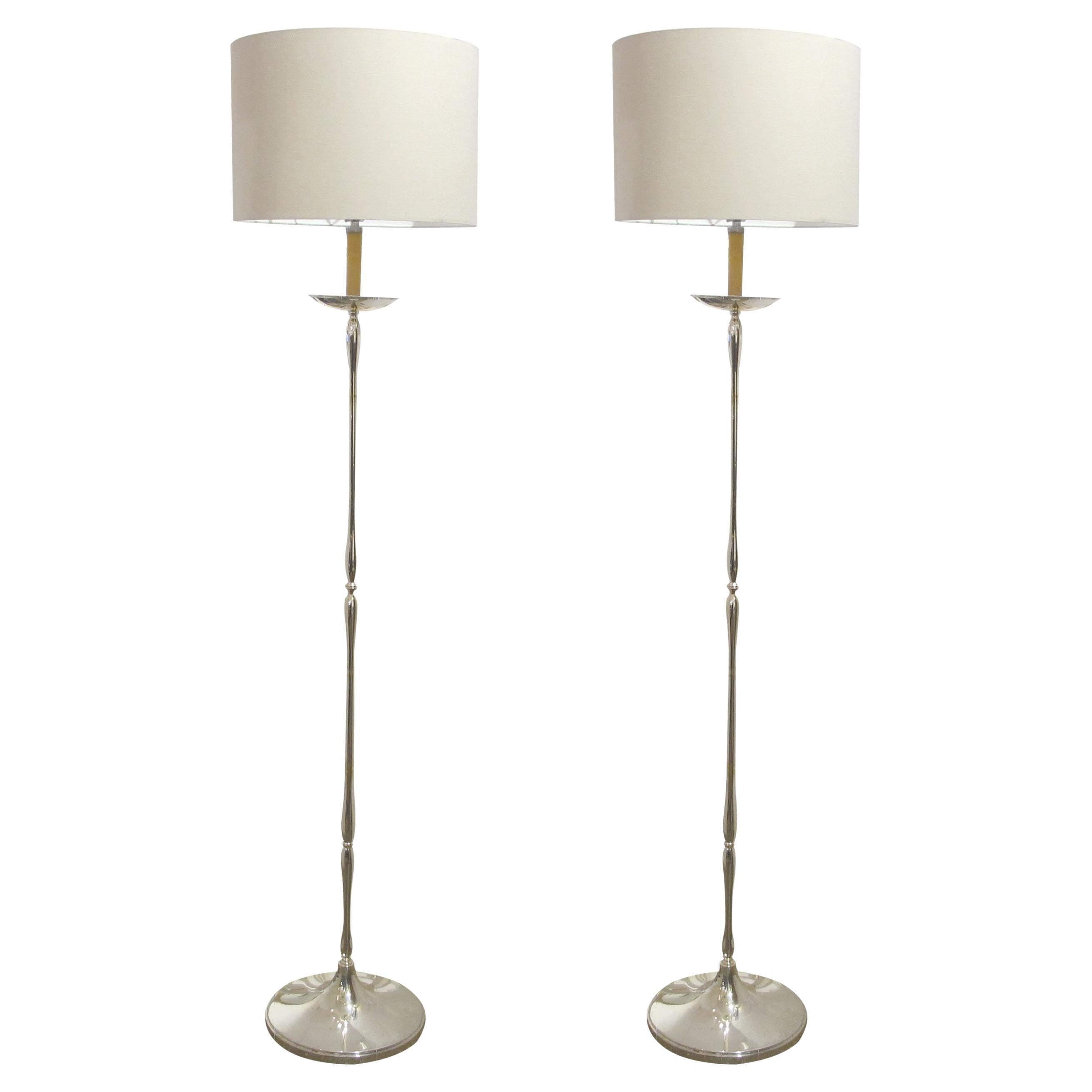 Pair of Tall Silver Nickel-Plated Floor Lamps circa 1960s, French