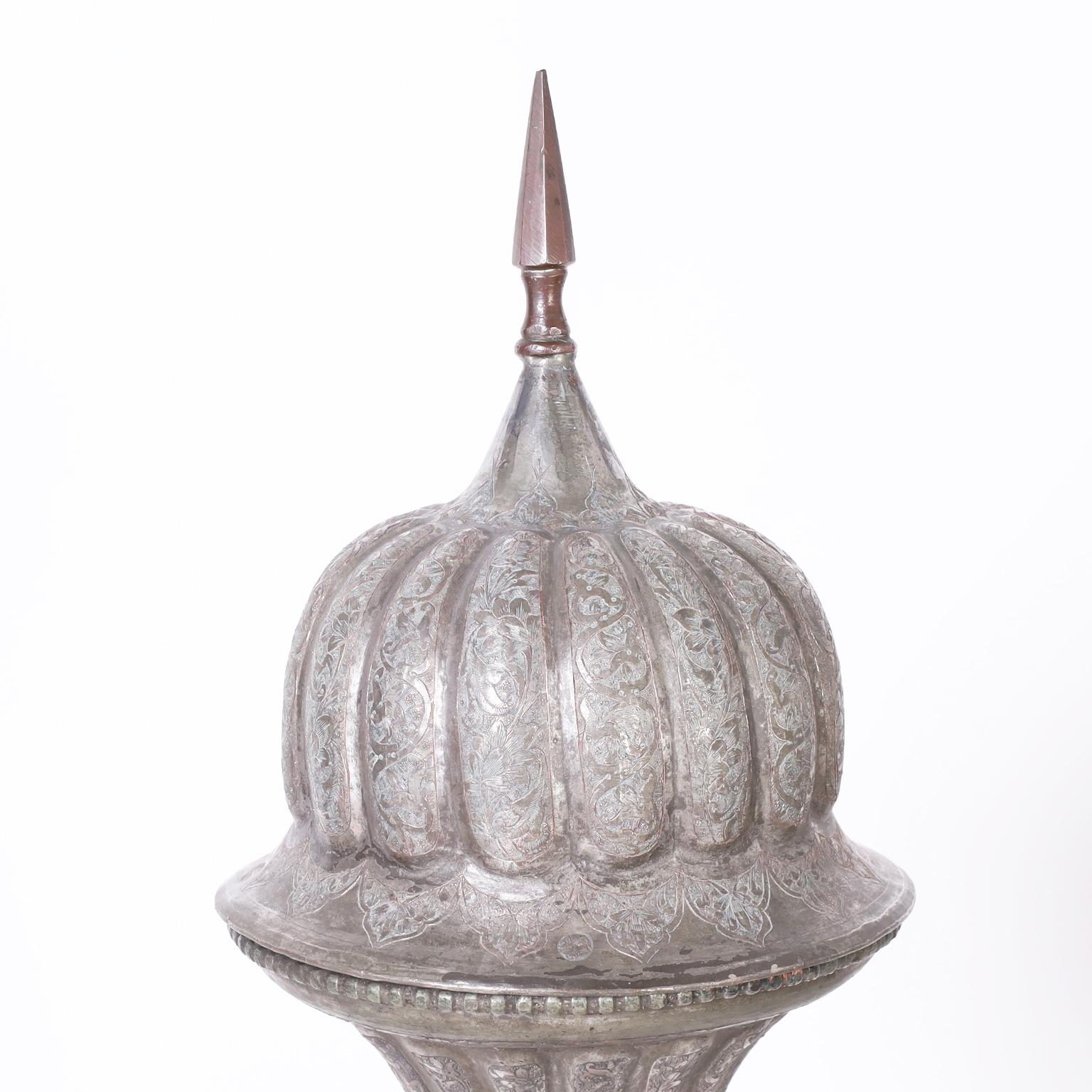 Anglo-Indian Pair of Tall Silver on Copper Antique Engraved Anglo Indian Lidded Urns For Sale