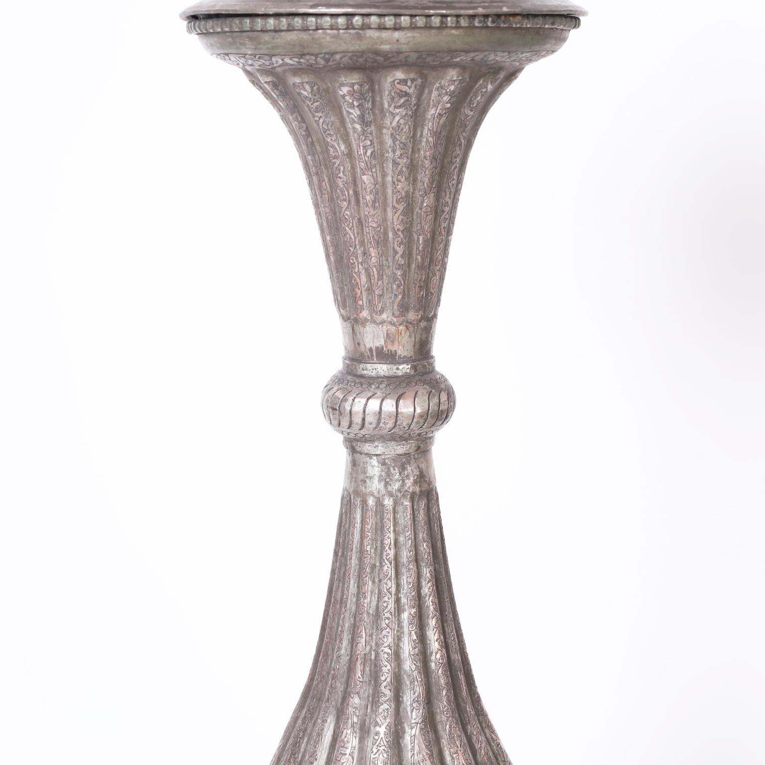 Pair of Tall Silver on Copper Antique Engraved Anglo Indian Lidded Urns In Good Condition For Sale In Palm Beach, FL