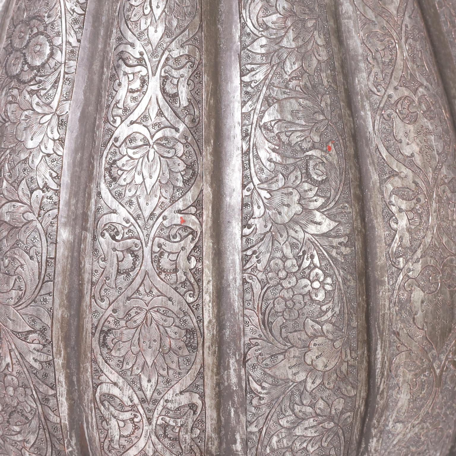 Silver Plate Pair of Tall Silver on Copper Antique Engraved Anglo Indian Lidded Urns For Sale