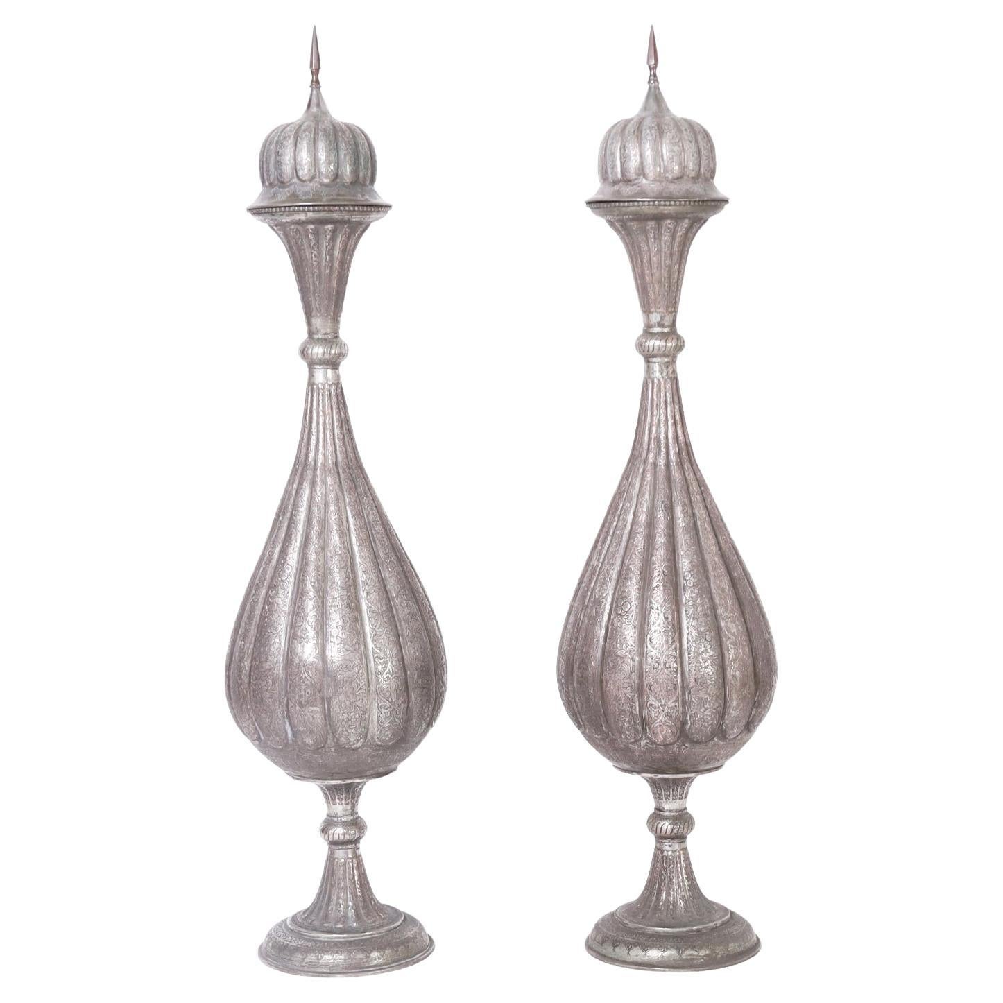 Pair of Tall Silver on Copper Antique Engraved Anglo Indian Lidded Urns For Sale