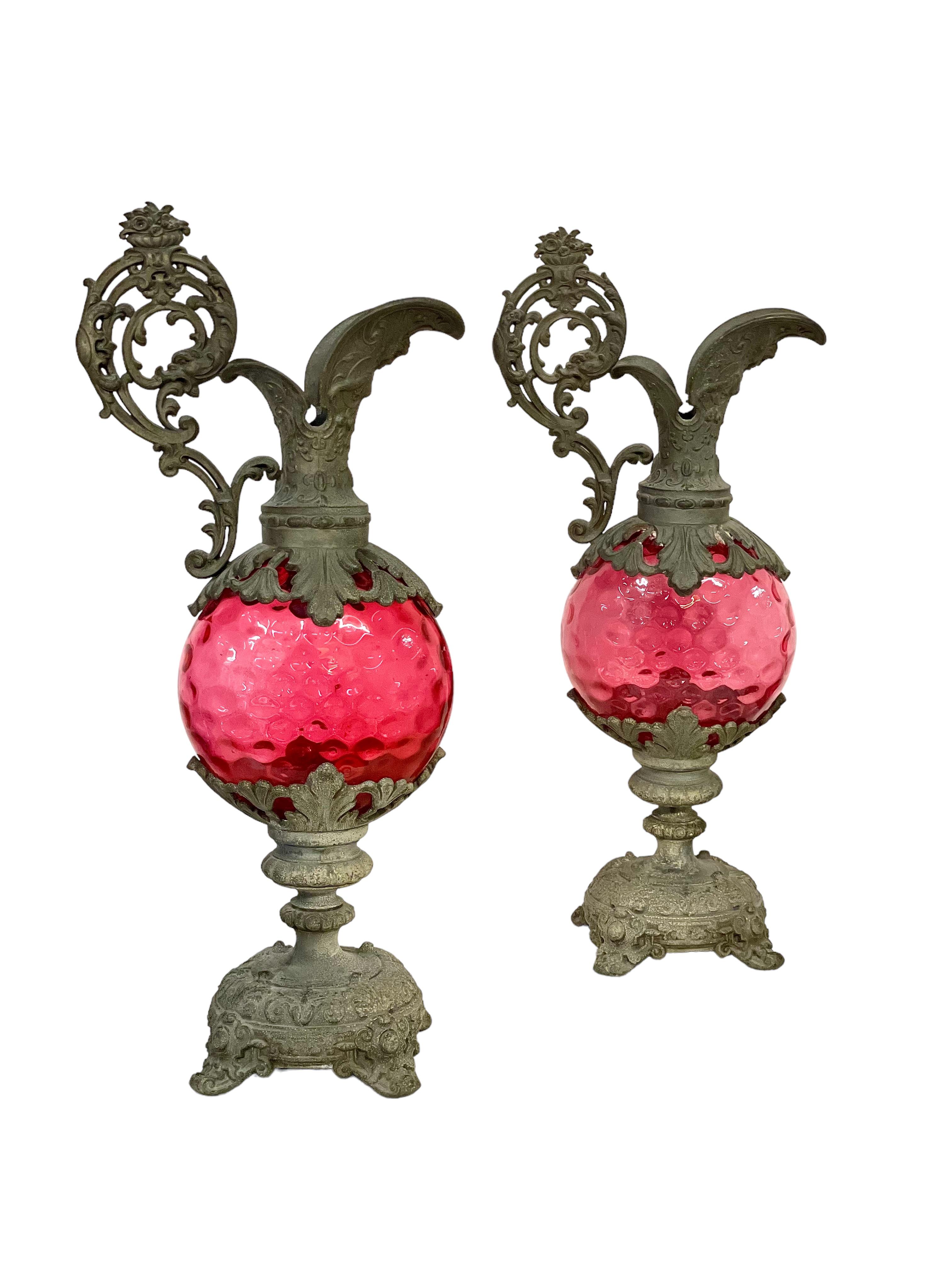 19th Century French Pair of Tall Silver Plated Ewers with Pink Glass  For Sale 6
