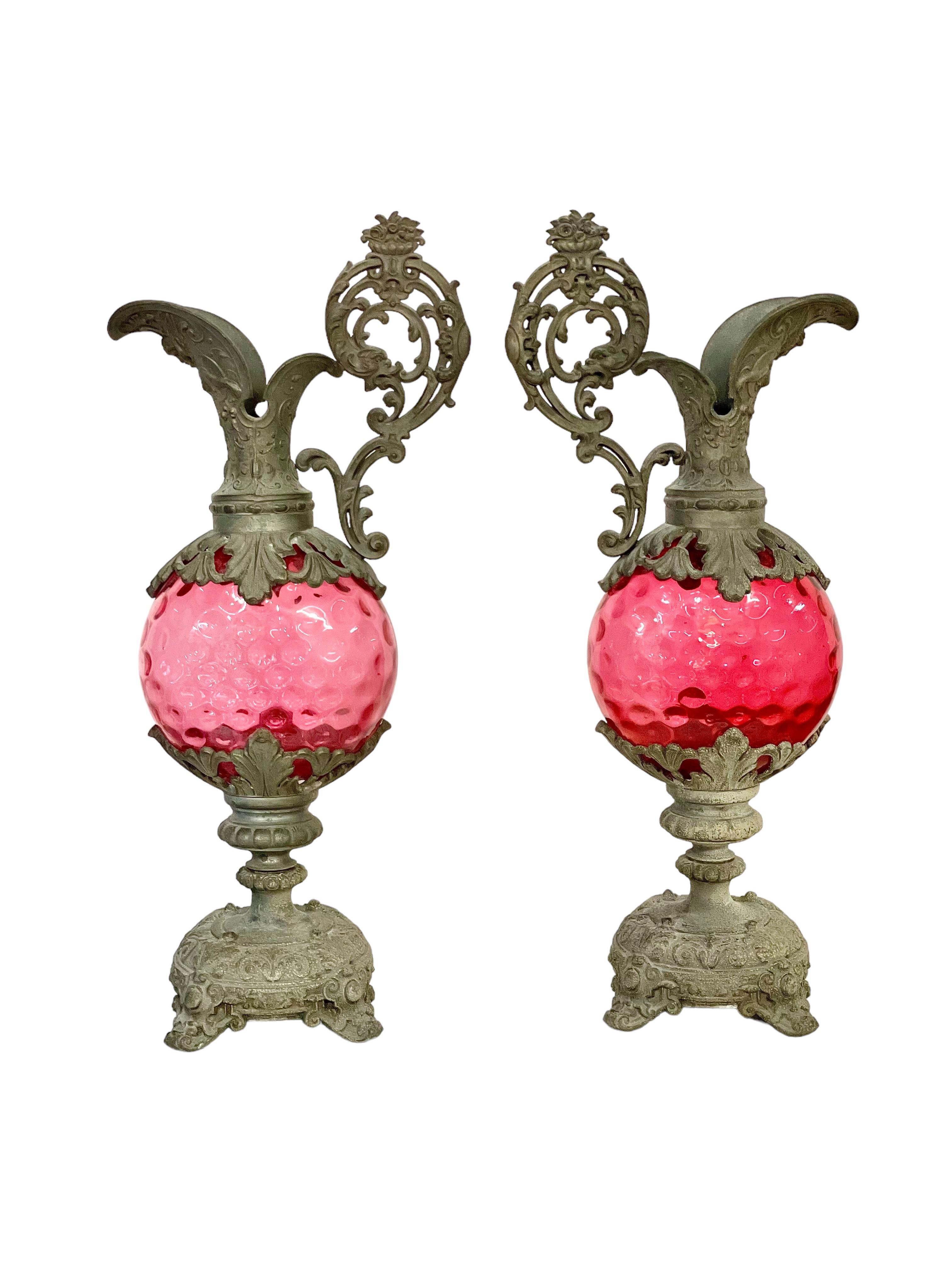 Napoleon III 19th Century French Pair of Tall Silver Plated Ewers with Pink Glass  For Sale