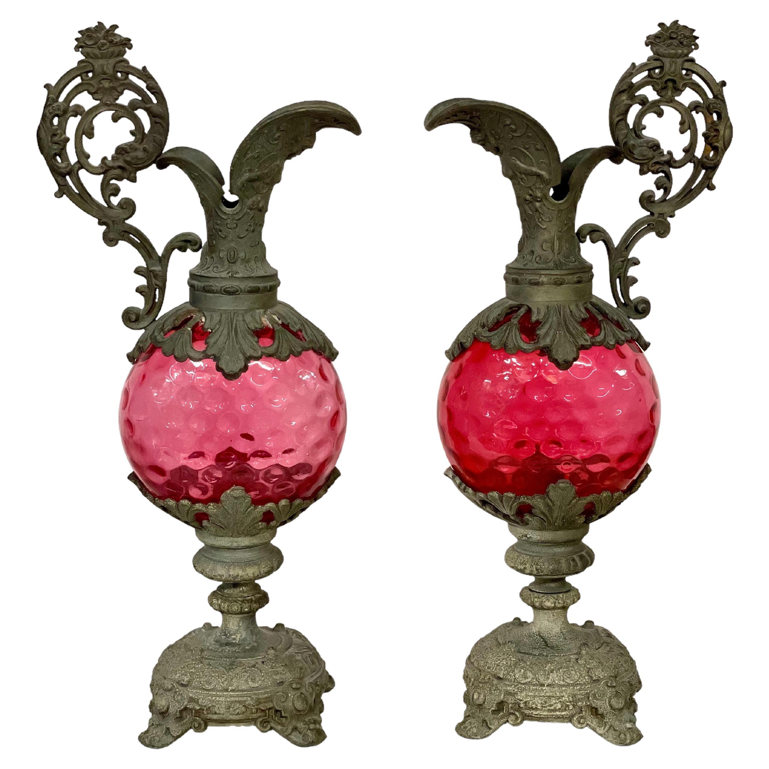 19th Century French Pair of Tall Silver Plated Ewers with Pink Glass  For Sale