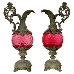 Antique 19th Century French Pair of Tall Silver Plated Ewers with Pink Glass 