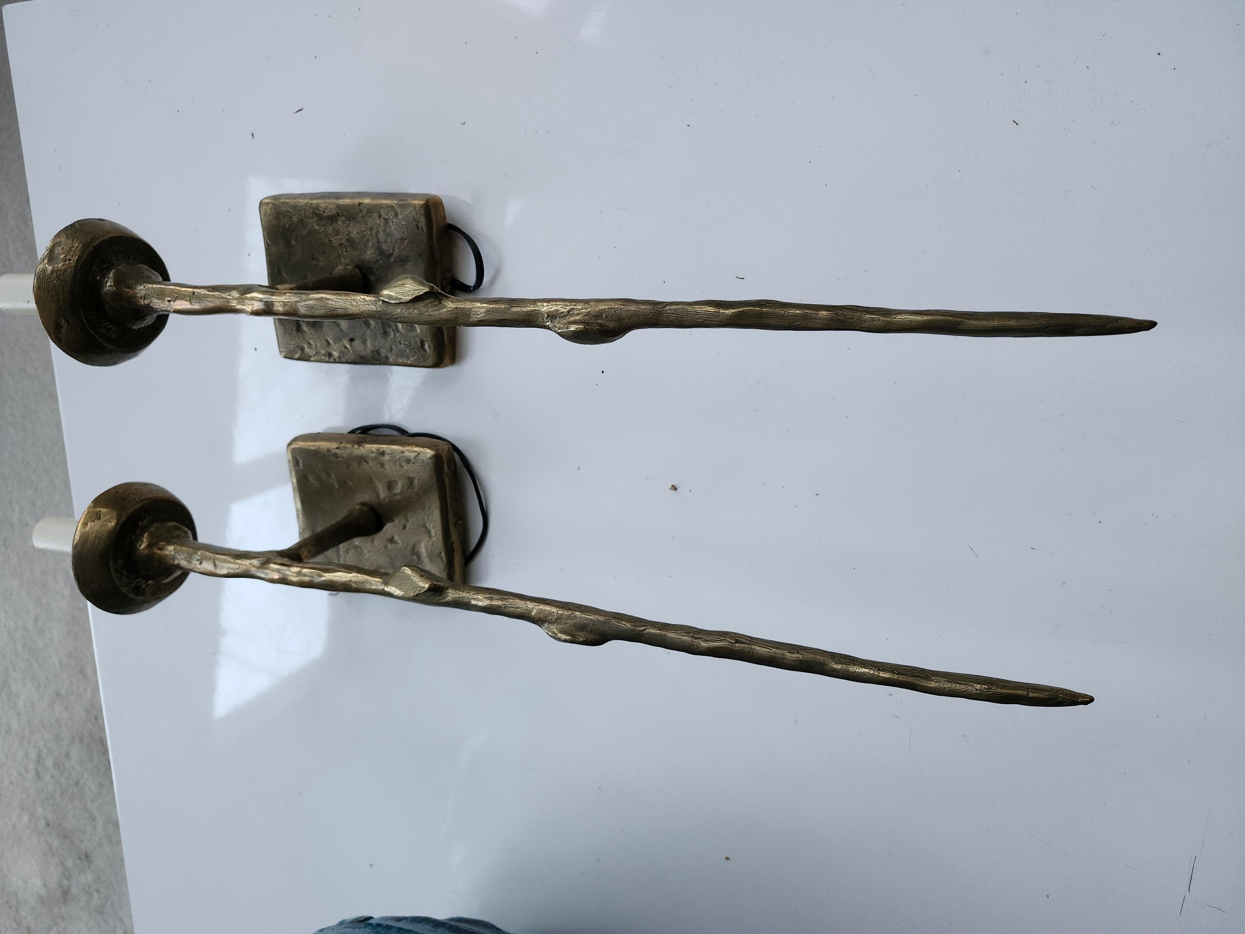 Pair of Tall Slender Single Light Bronze Brutalist Wall Sconces C1970 4