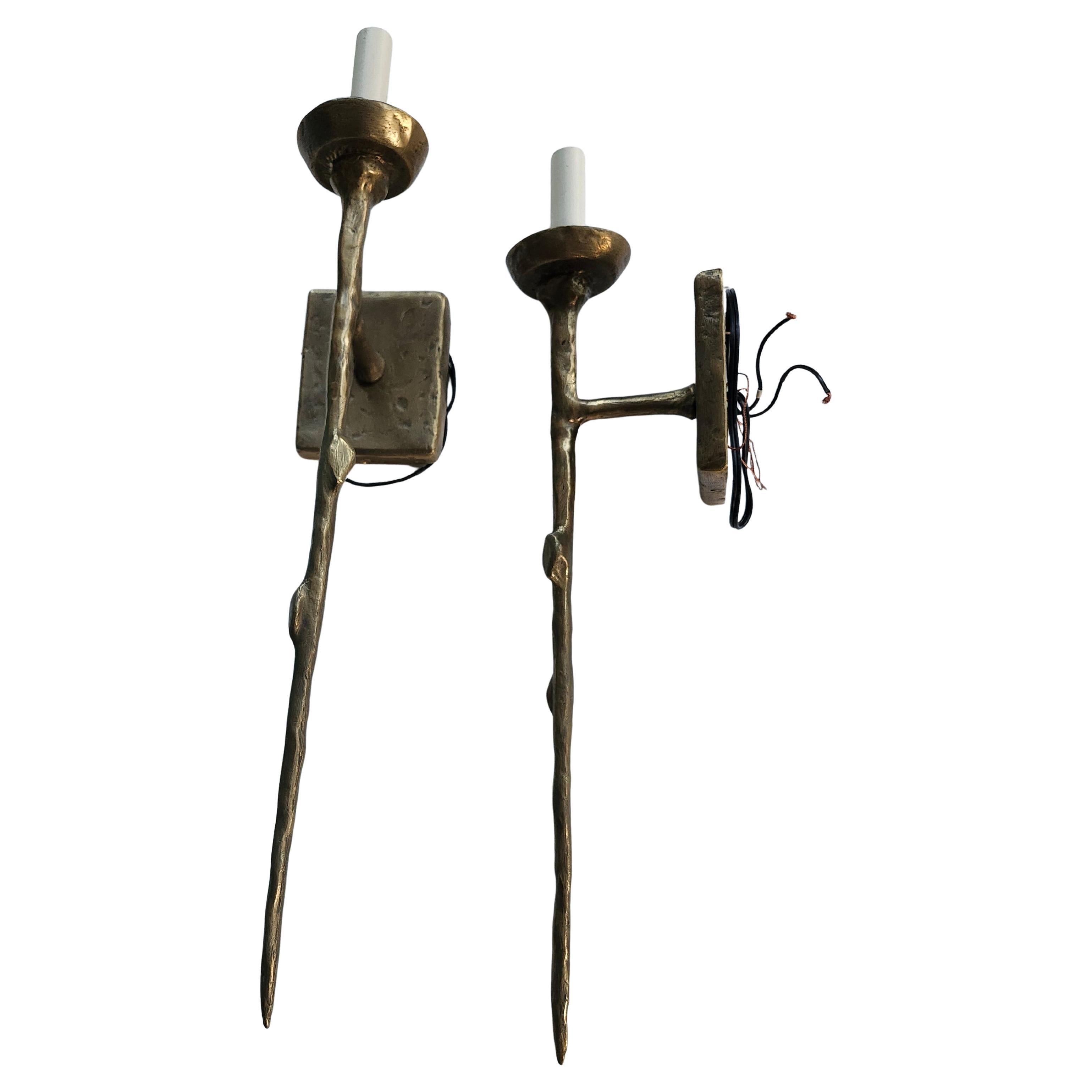 American Pair of Tall Slender Single Light Bronze Brutalist Wall Sconces C1970