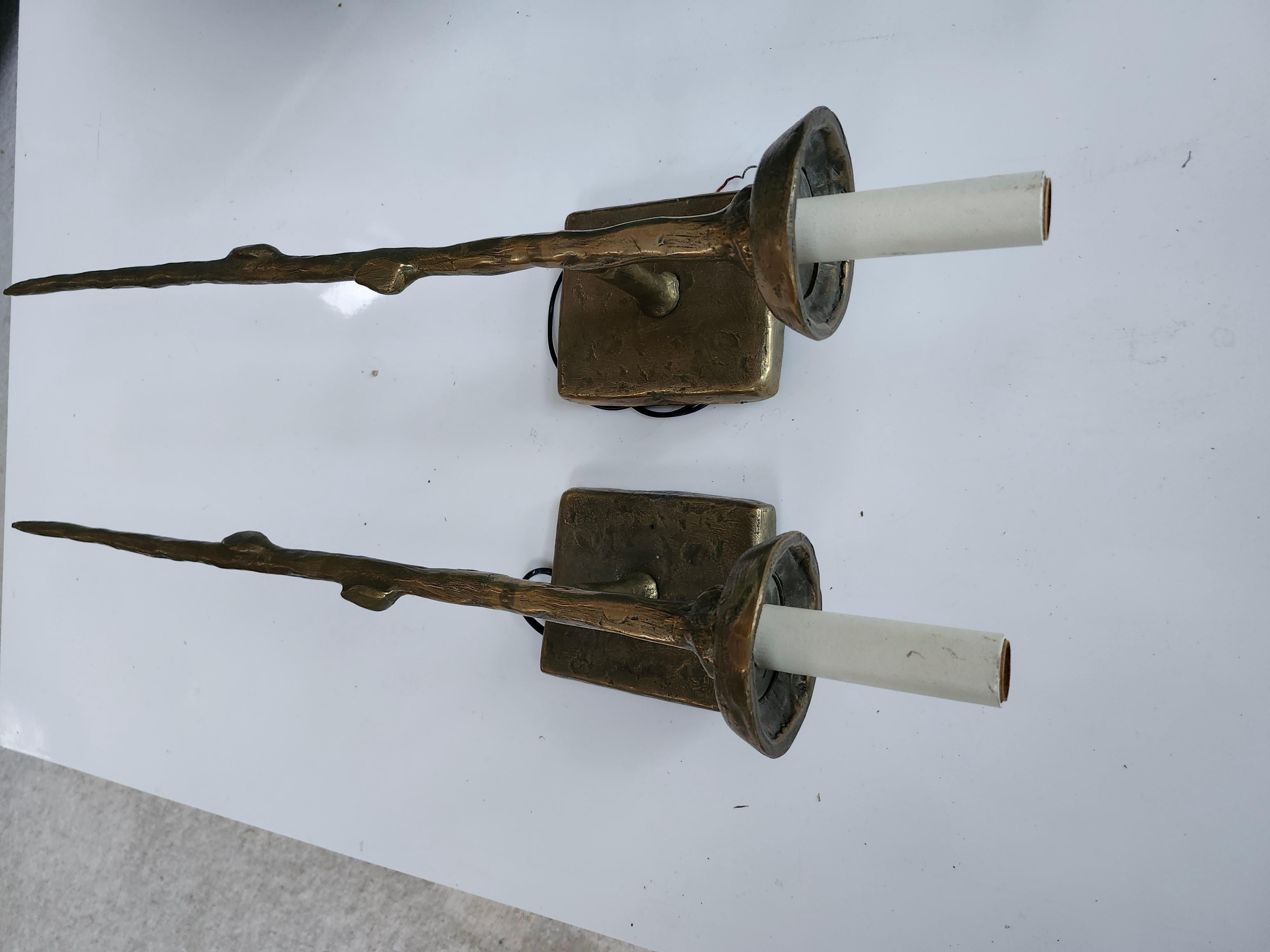 Pair of Tall Slender Single Light Bronze Brutalist Wall Sconces C1970 2