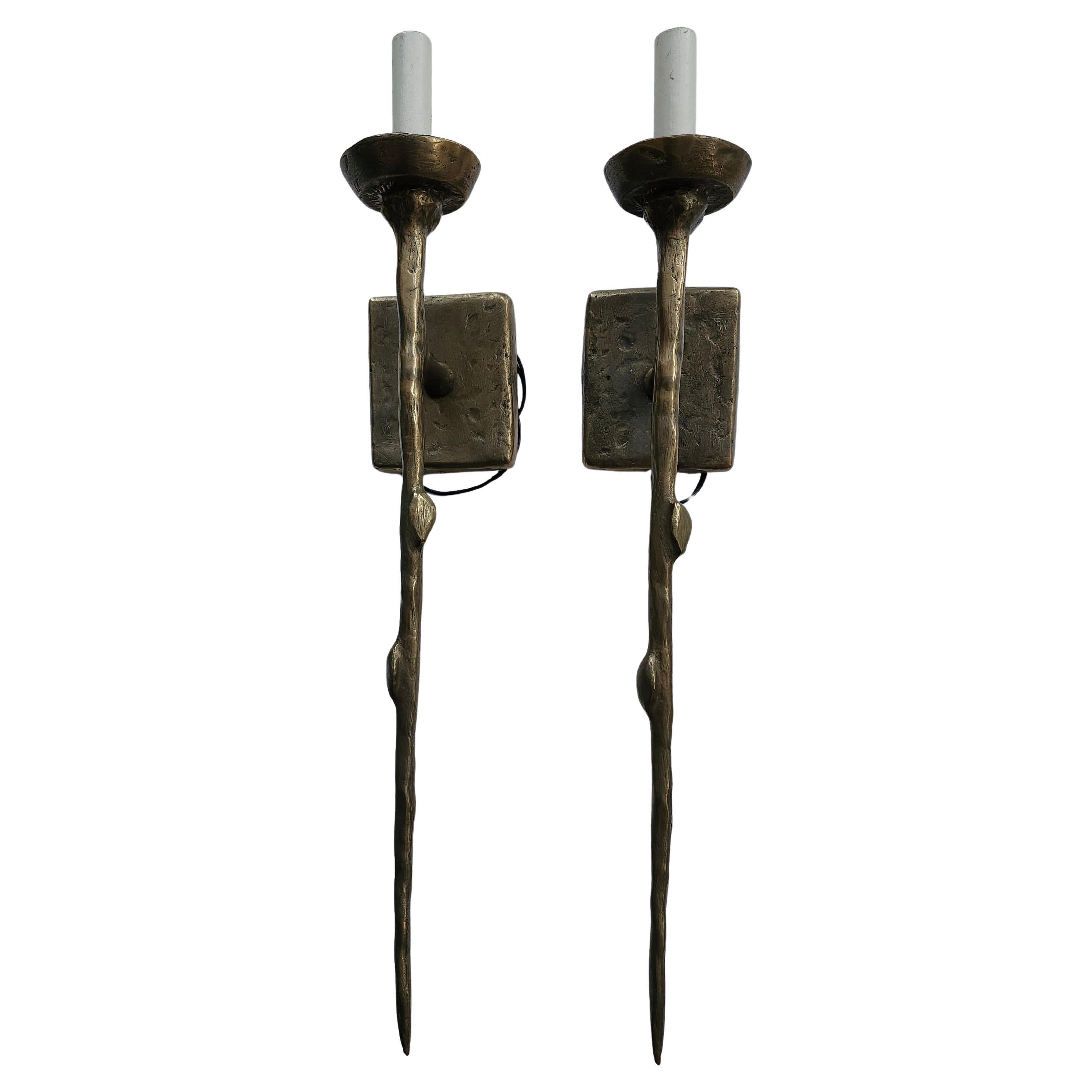 Pair of Tall Slender Single Light Bronze Brutalist Wall Sconces C1970