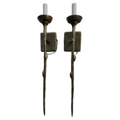 Pair of Tall Slender Single Light Bronze Brutalist Wall Sconces C1970
