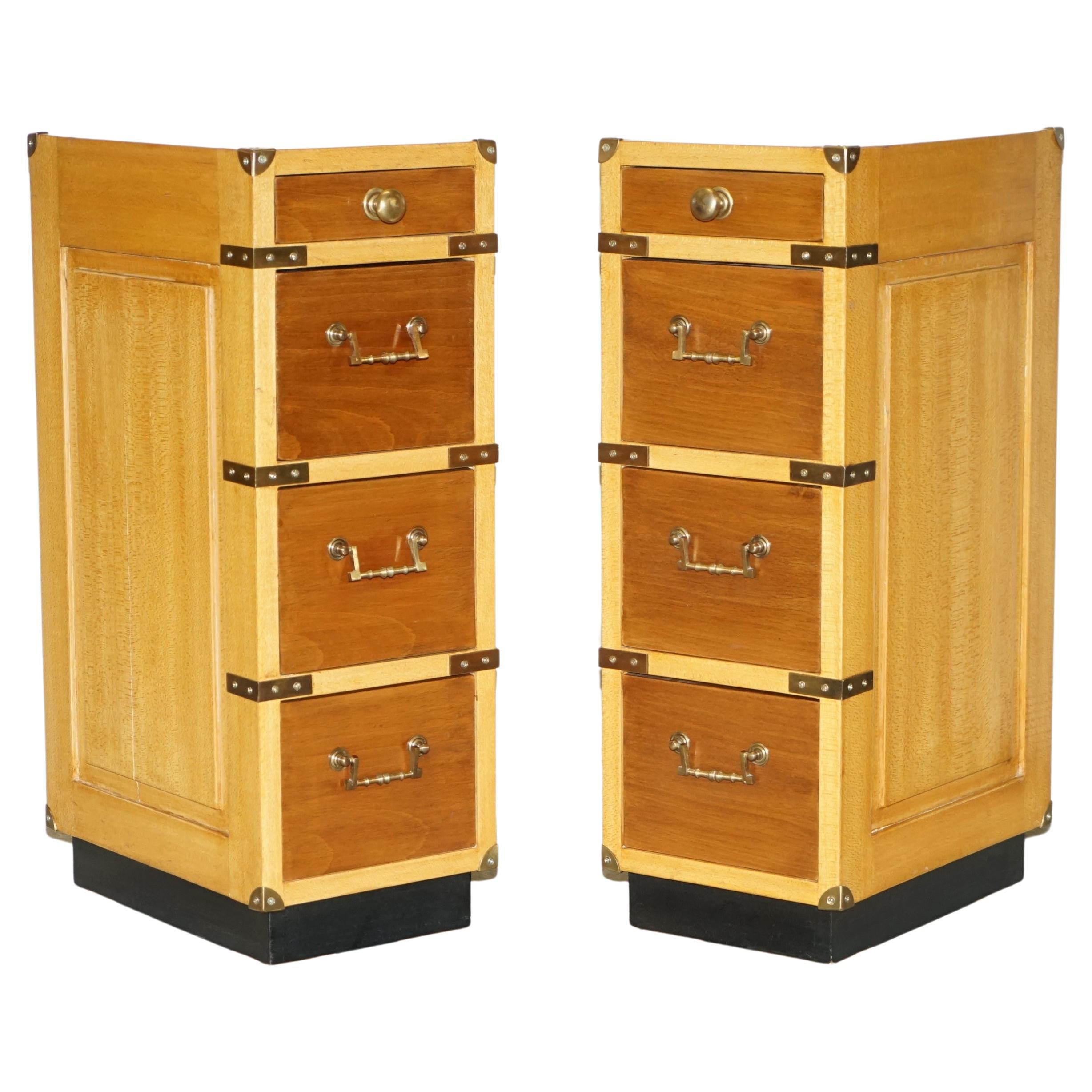Pair of Tall Slim Vintage Military Campaign Side End Lamp Wine Table Drawers For Sale