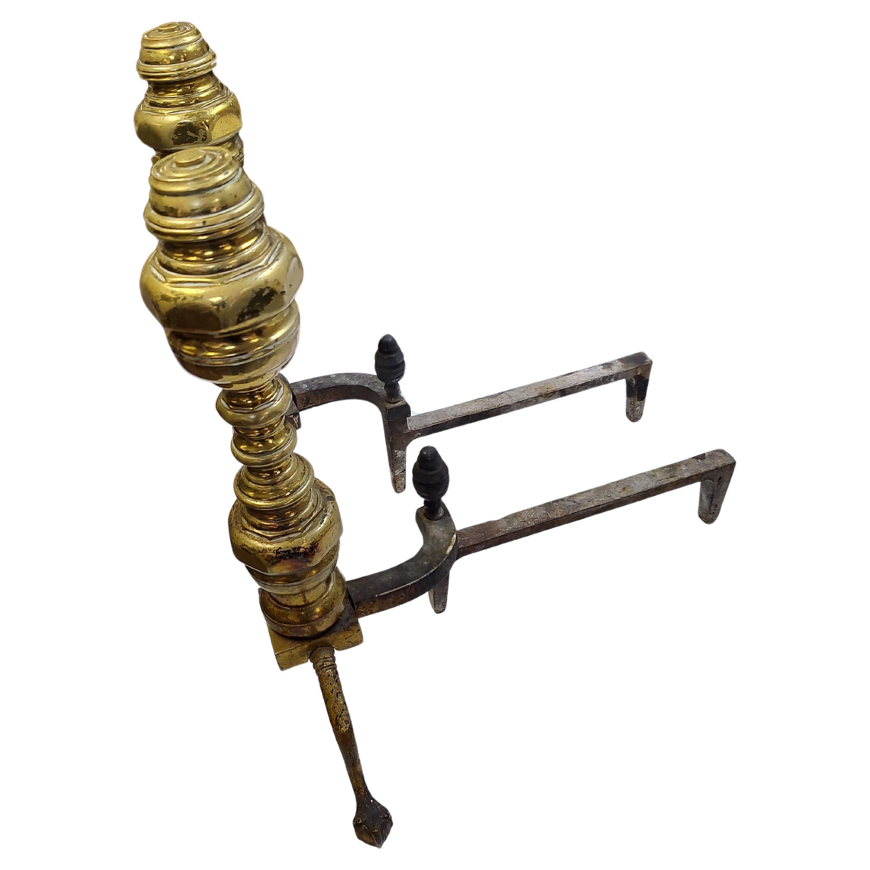 Cast Pair of Tall Solid Brass Harvin Co. Federal Style Andirons For Sale