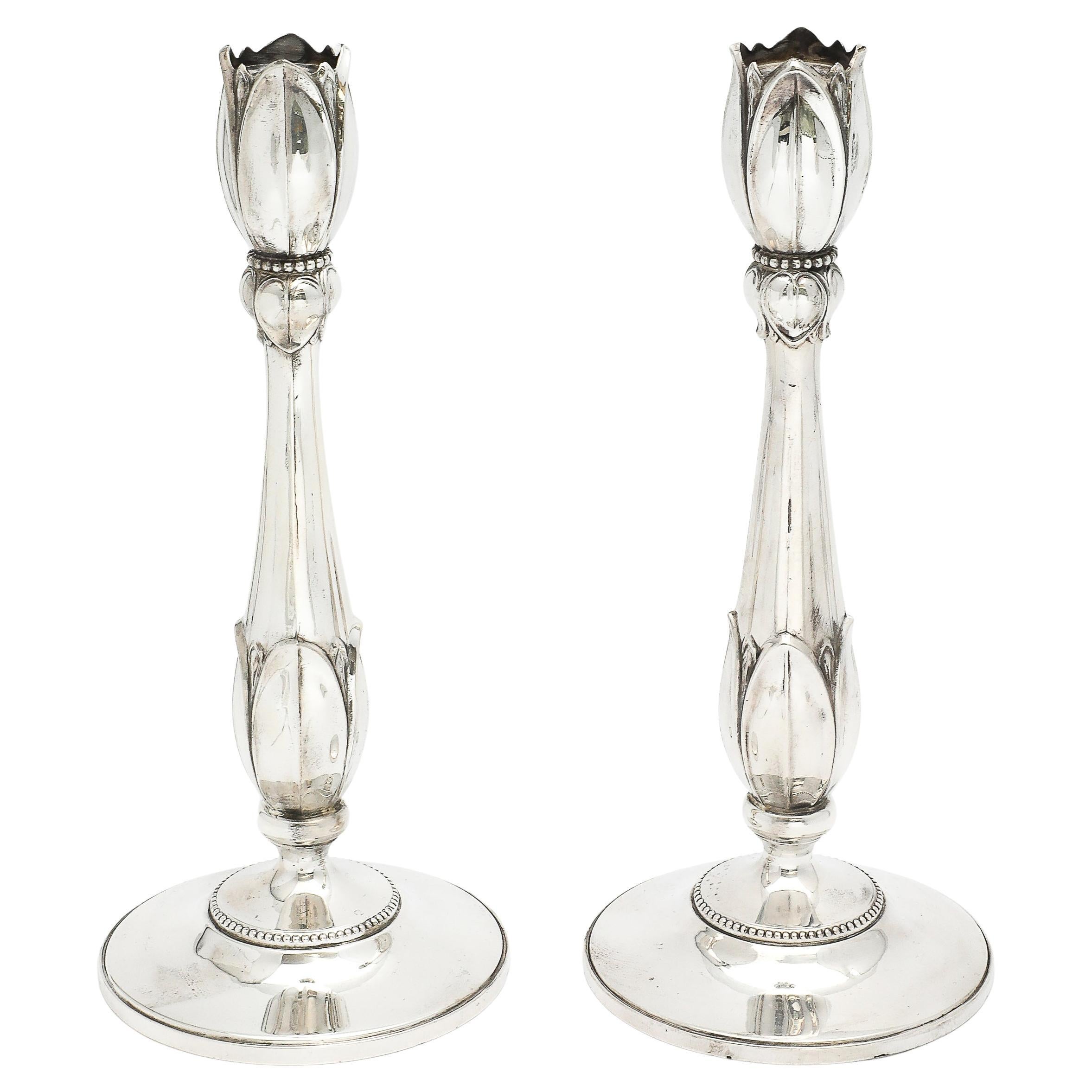 Pair of Tall Sterling Silver Art Nouveau-Style Flower-Form Candlesticks