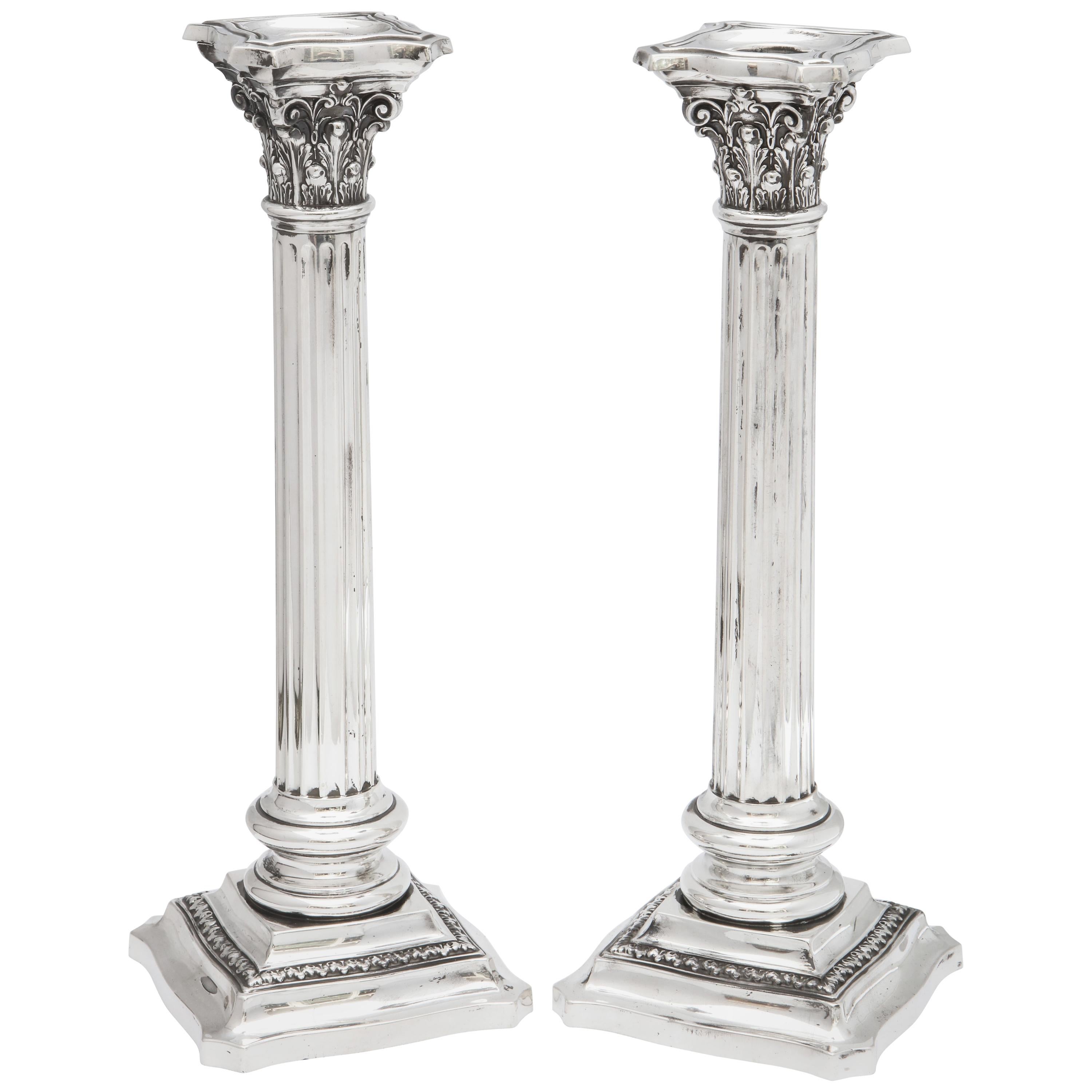 Pair of Tall Sterling Silver Neoclassical Corinthian Column-Form Candlesticks