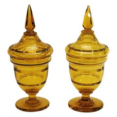 Pair of Tall Steuben Art Deco Topaz Handblown Crystal Covered Vases