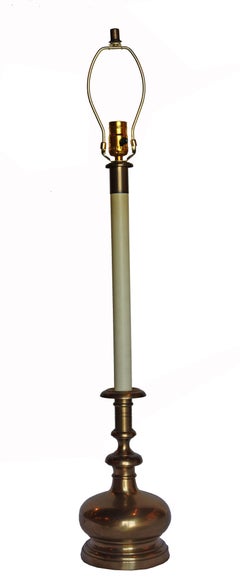 Pair of Tall Stiffel Brass Candlestick Lamps with Handstitched Rawhide Shades